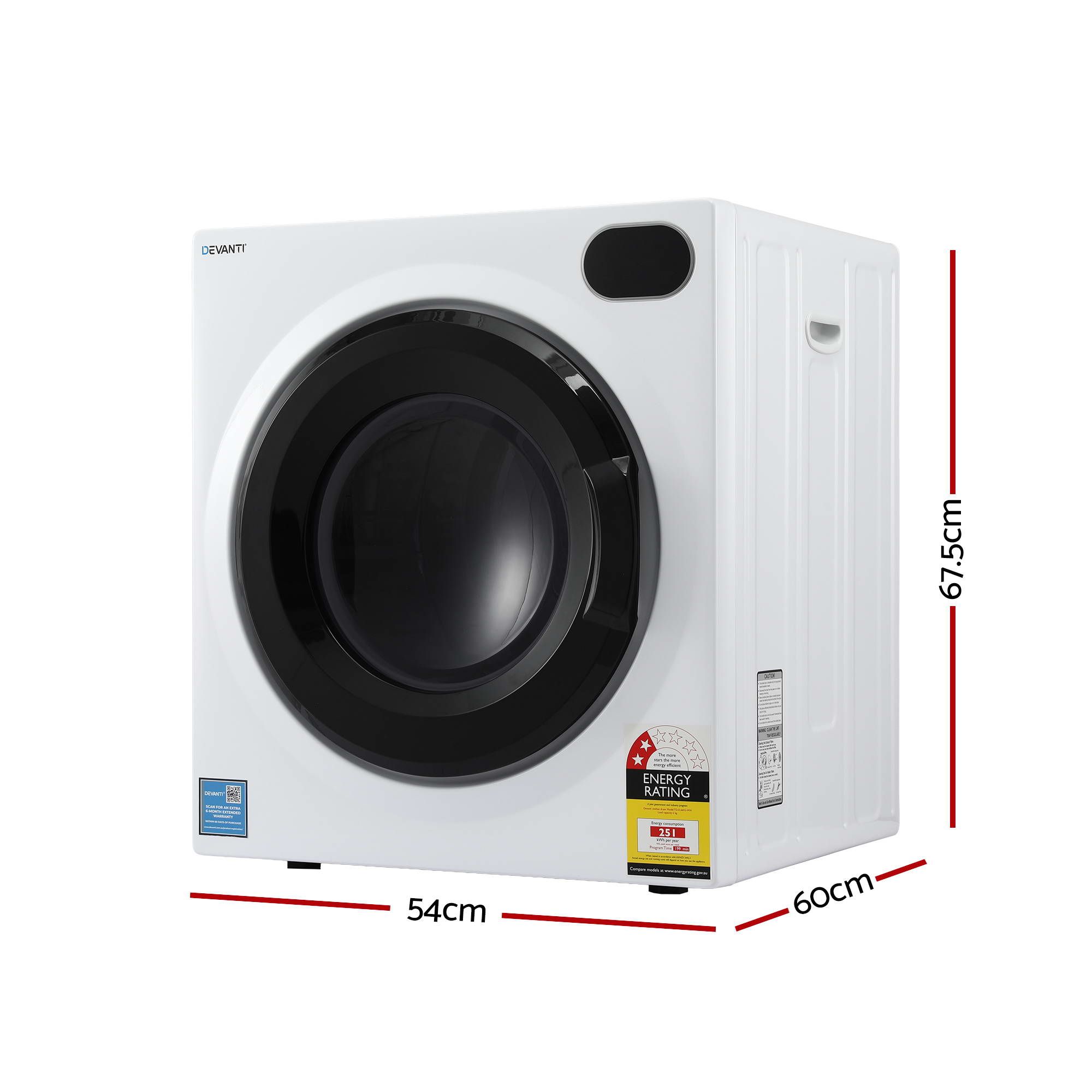 Devanti 6kg Tumble Dryer, Intelligent Touch Screen Clothes Dryer with 4 Drying Modes Stainless Steel Drum, 54x60x67.5cm - Image 2