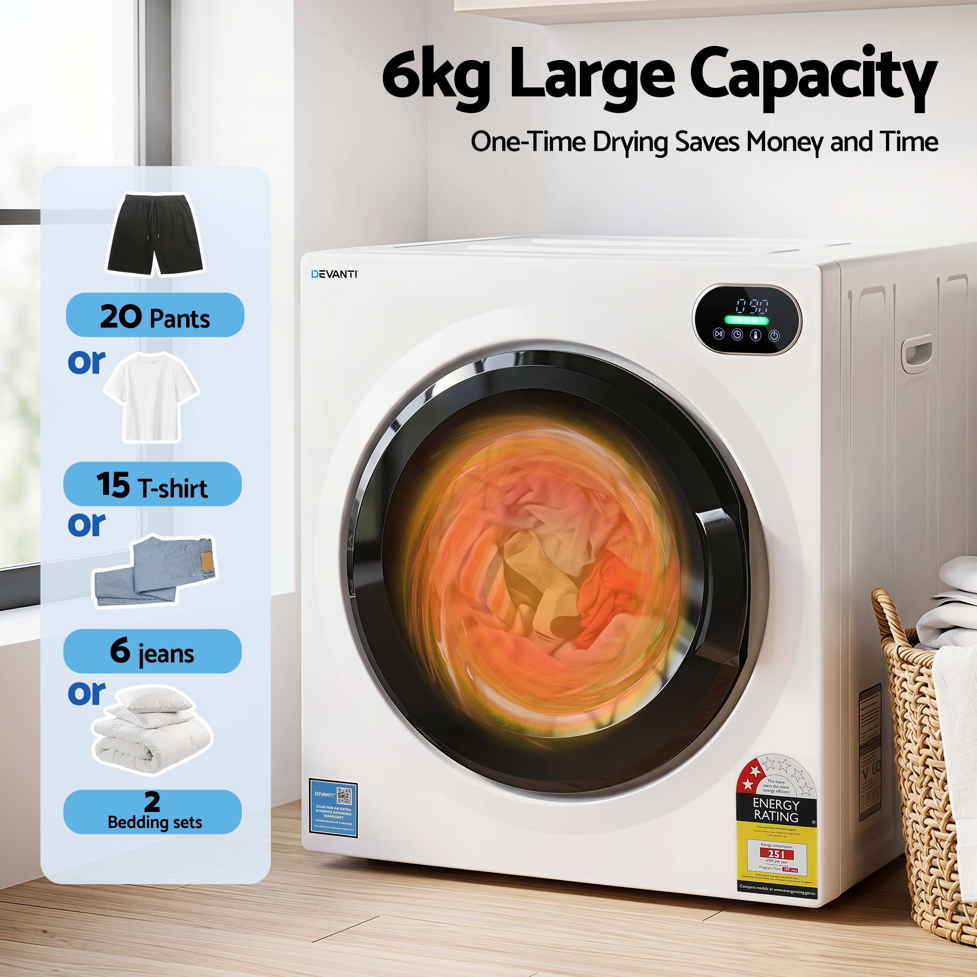 Devanti 6kg Tumble Dryer, Intelligent Touch Screen Clothes Dryer with 4 Drying Modes Stainless Steel Drum, 54x60x67.5cm - Image 4
