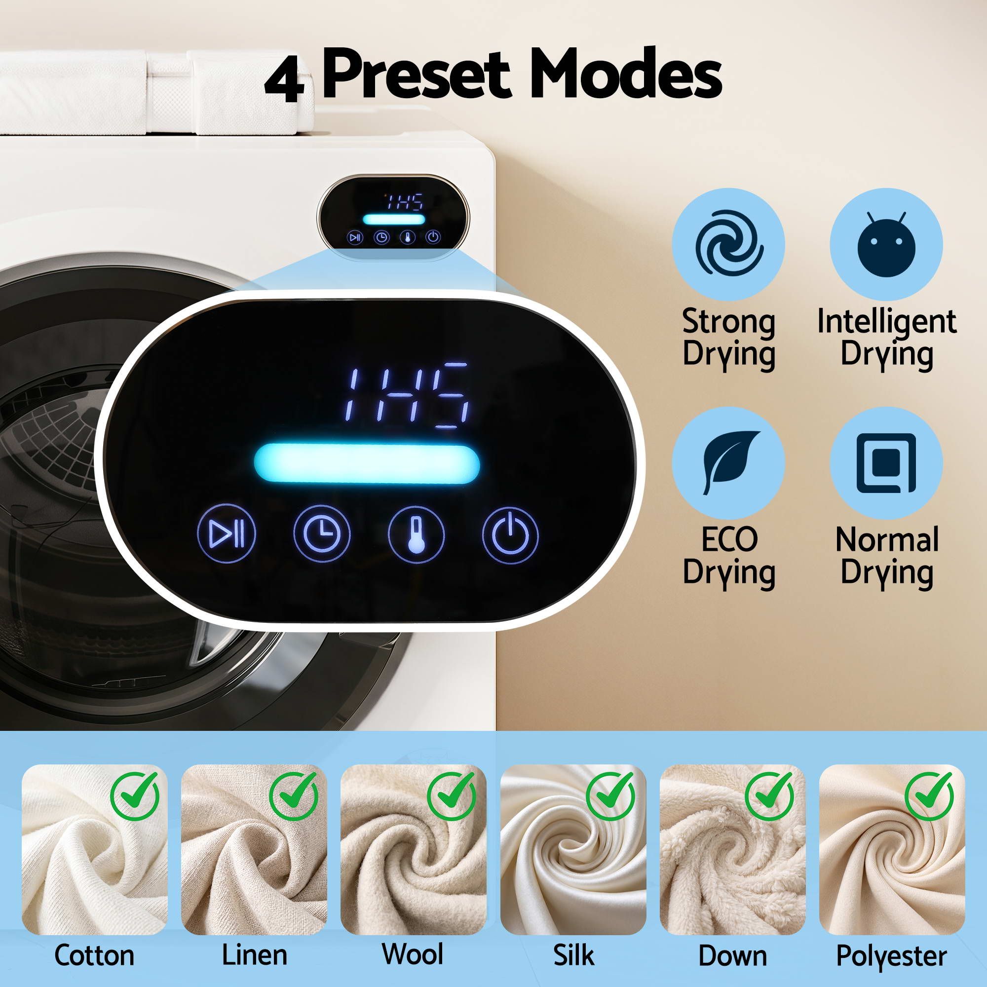 Devanti 6kg Tumble Dryer, Intelligent Touch Screen Clothes Dryer with 4 Drying Modes Stainless Steel Drum, 54x60x67.5cm - Image 5