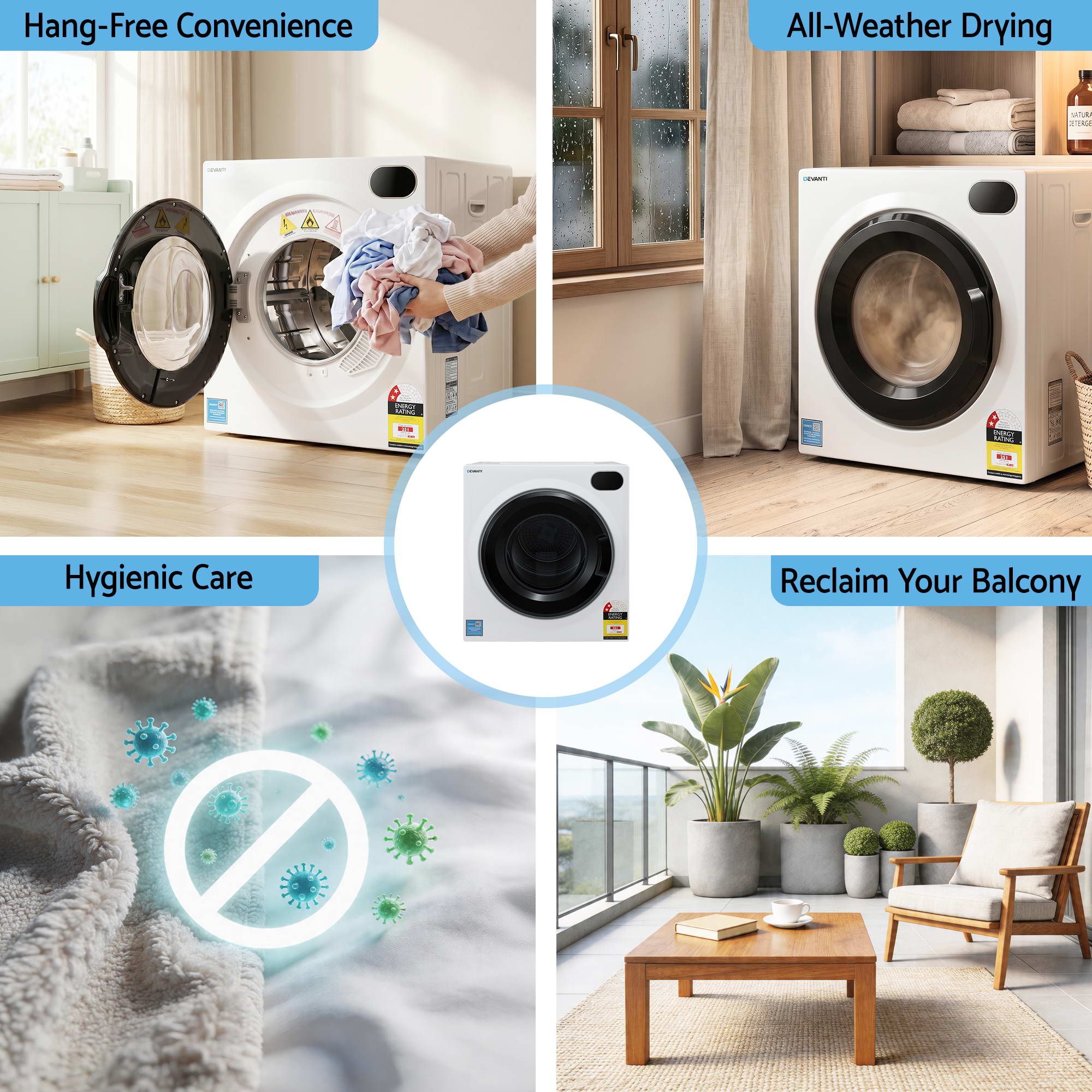 Devanti 6kg Tumble Dryer, Intelligent Touch Screen Clothes Dryer with 4 Drying Modes Stainless Steel Drum, 54x60x67.5cm - Image 7
