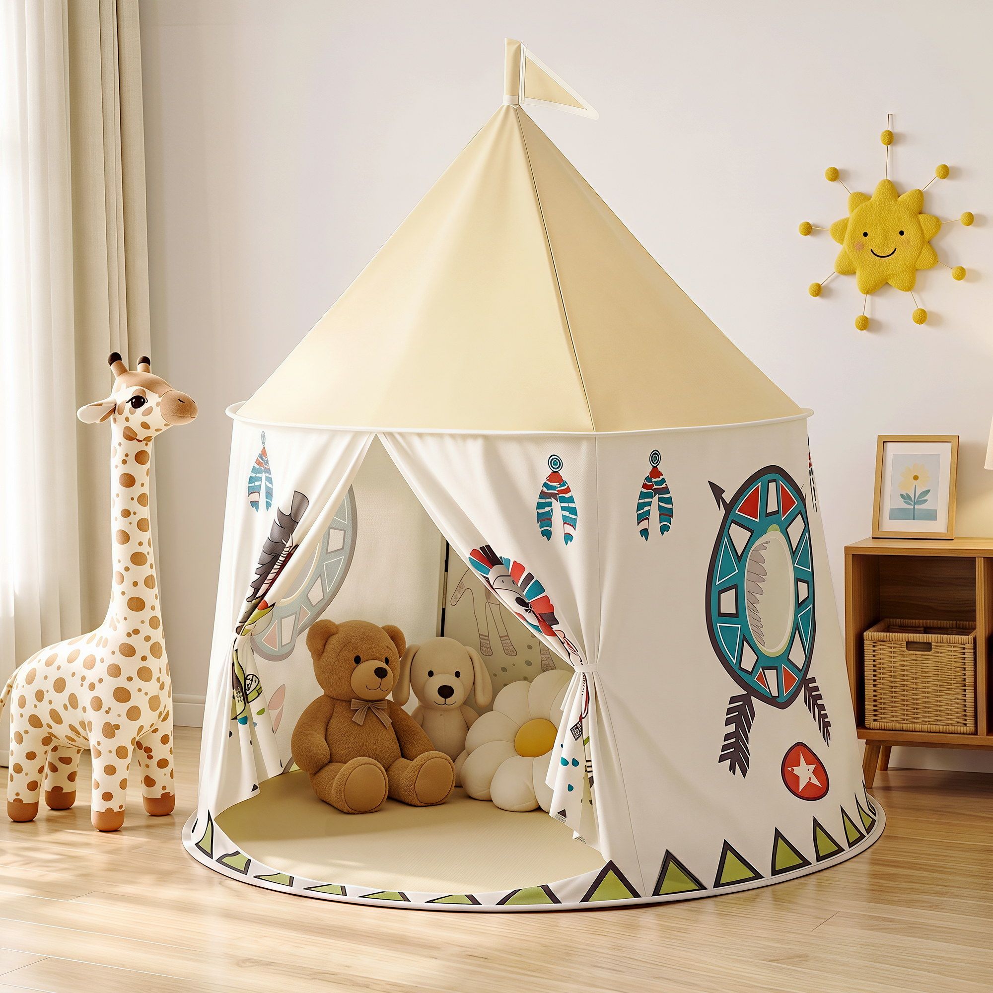 Keezi Kids Play Tent Playhouse Castle with Window Flag Carry Bag 115cmx115cm - Image 1