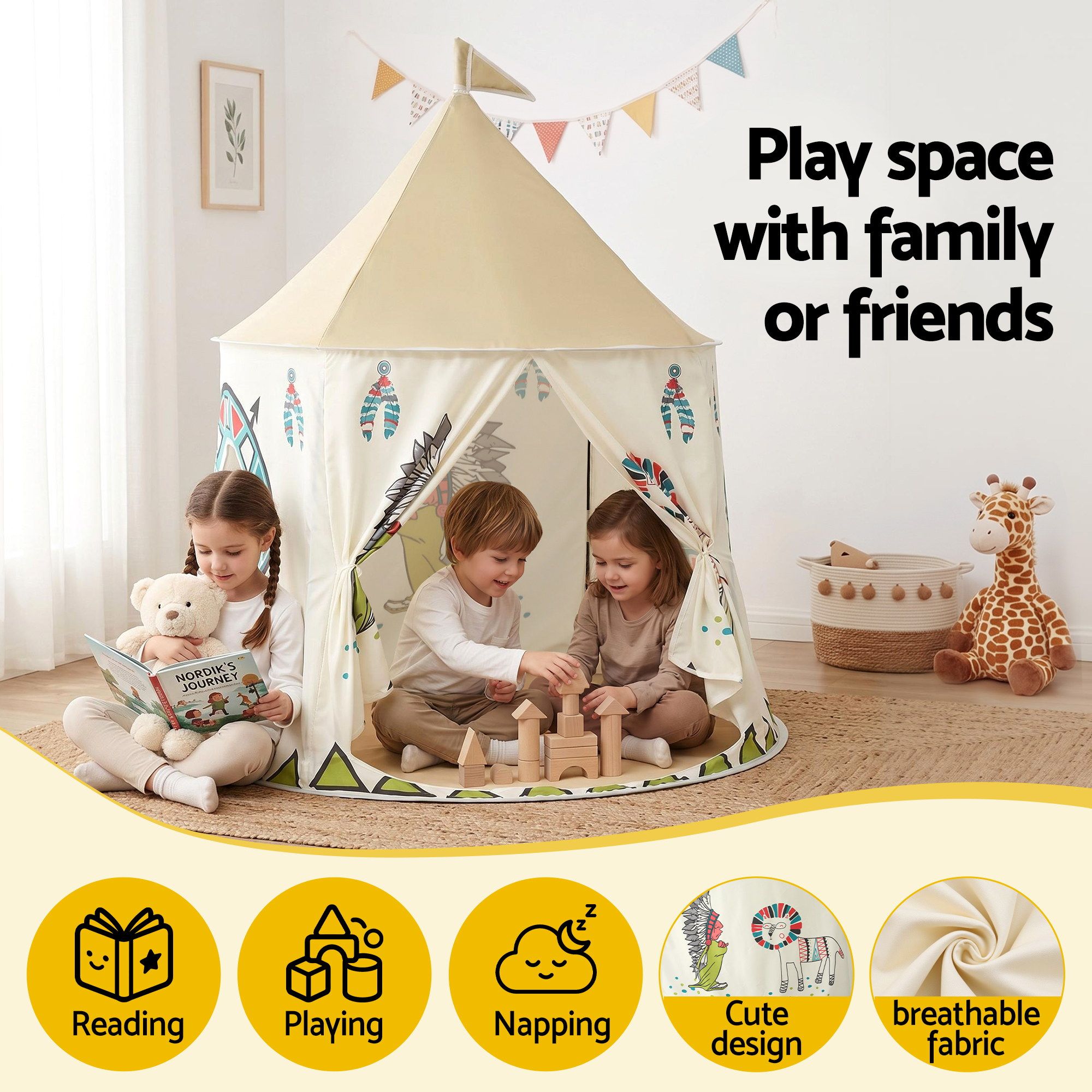 Keezi Kids Play Tent Playhouse Castle with Window Flag Carry Bag 115cmx115cm - Image 4