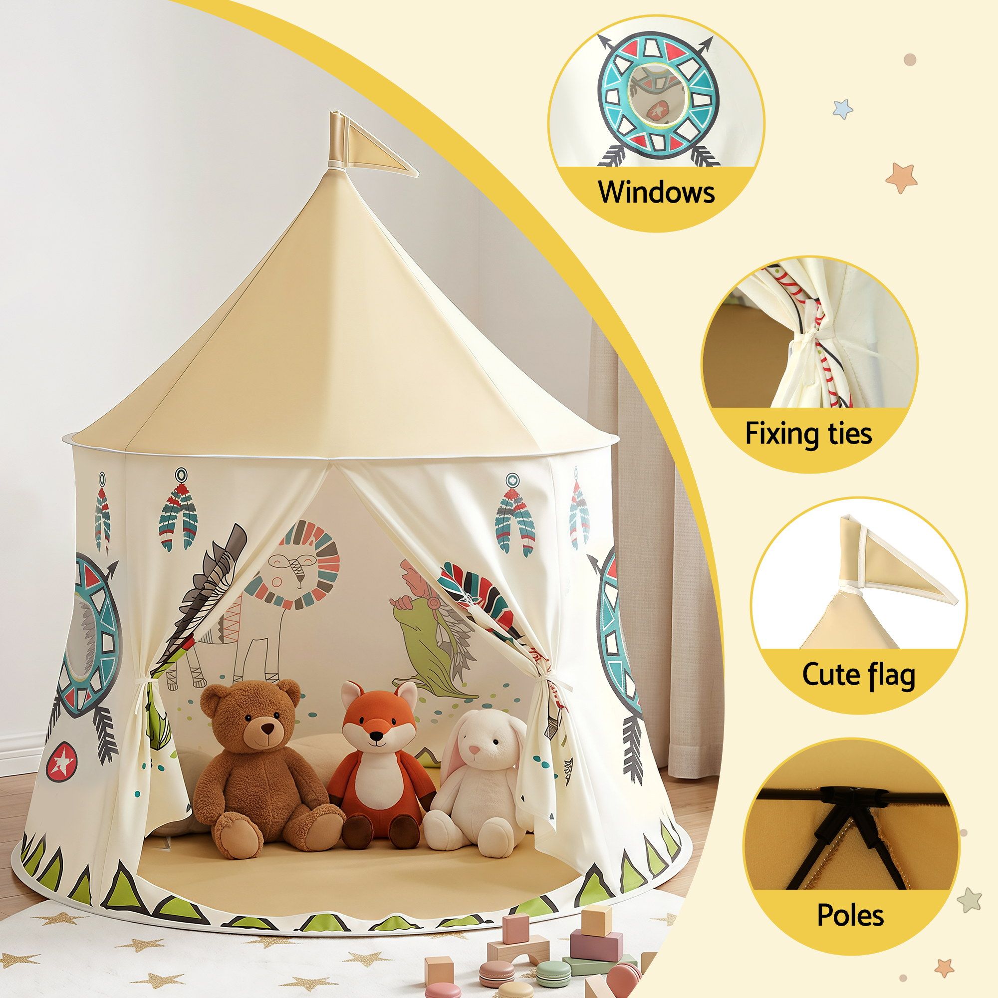 Keezi Kids Play Tent Playhouse Castle with Window Flag Carry Bag 115cmx115cm - Image 5