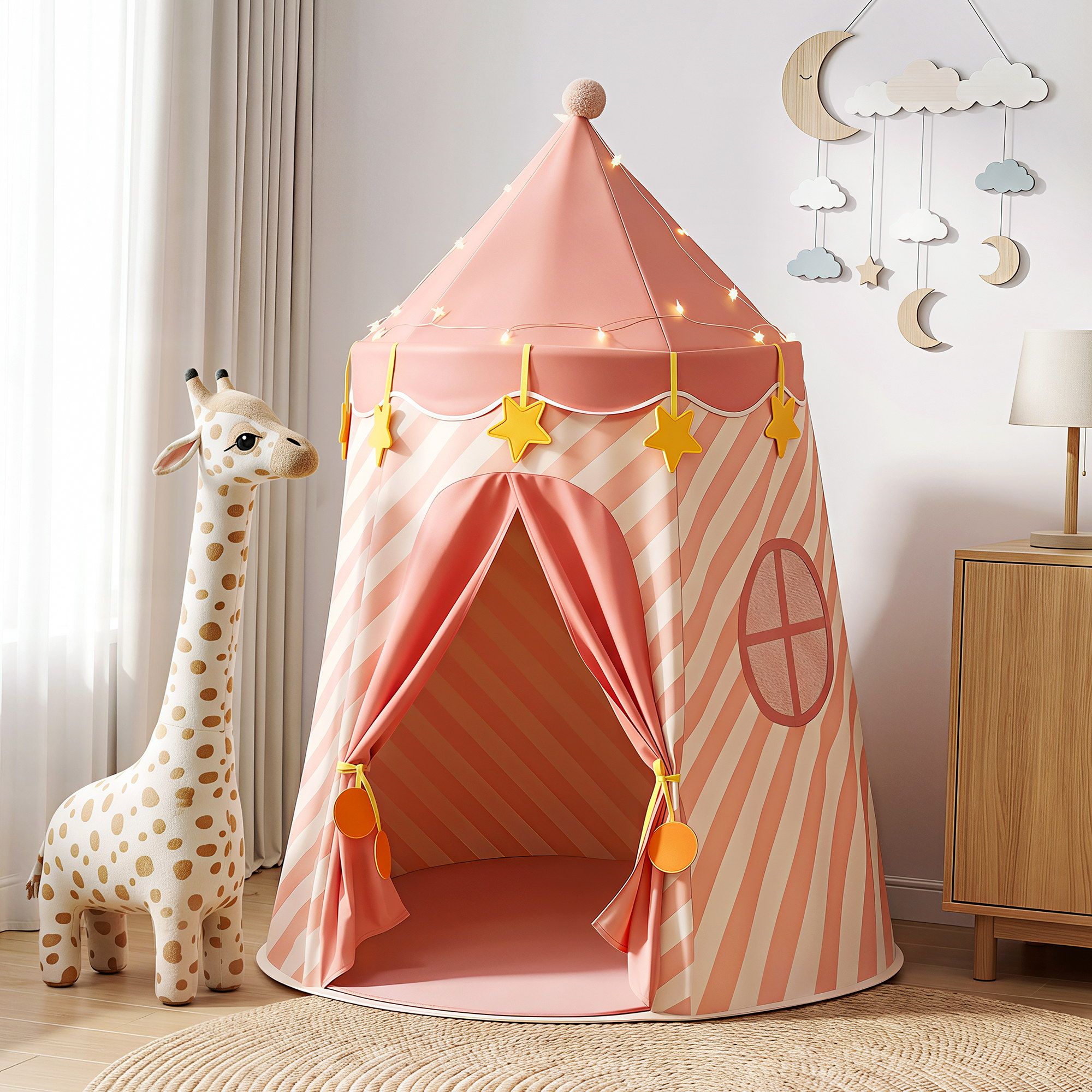 Keezi Kids Play Tent with Star Lights and Window Carry Bag 116cmx153cm Playhouse - Image 1