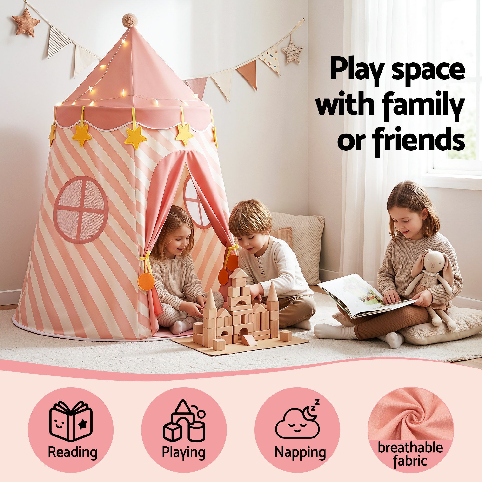 Keezi Kids Play Tent with Star Lights and Window Carry Bag 116cmx153cm Playhouse - Image 4