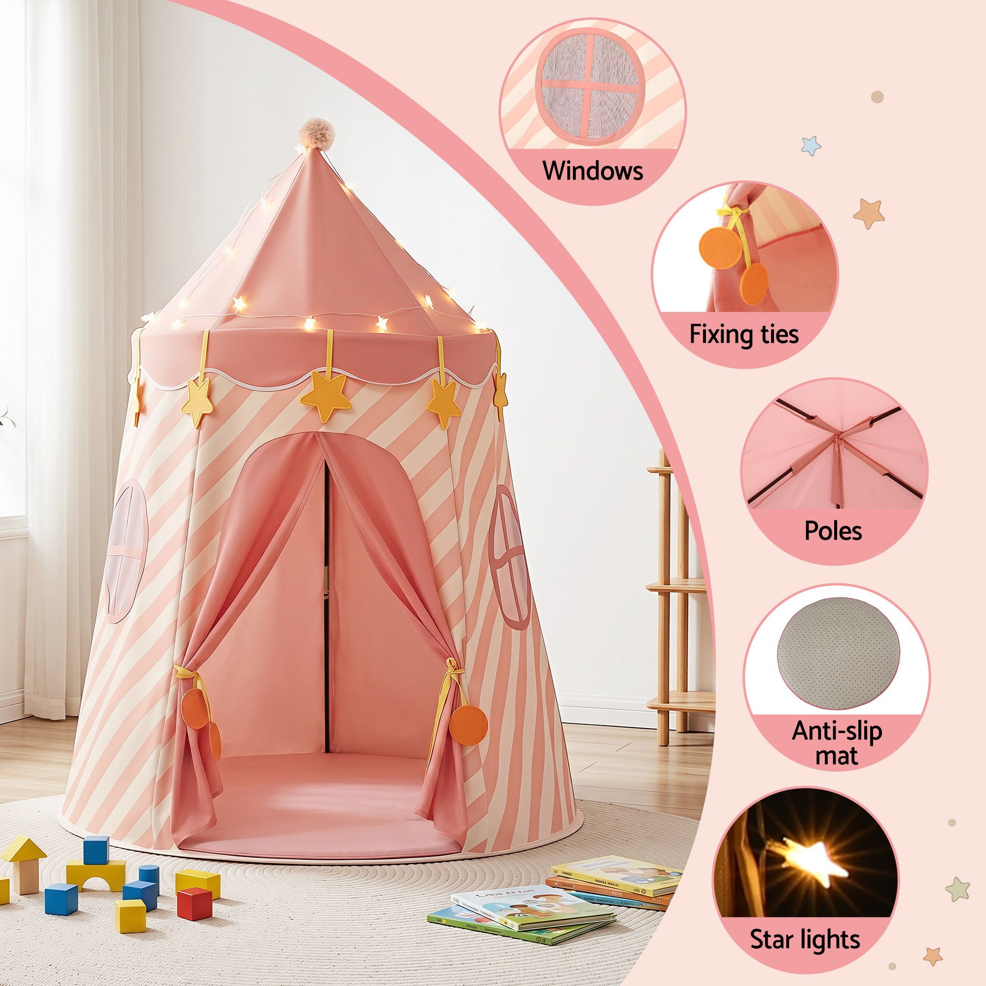 Keezi Kids Play Tent with Star Lights and Window Carry Bag 116cmx153cm Playhouse - Image 5