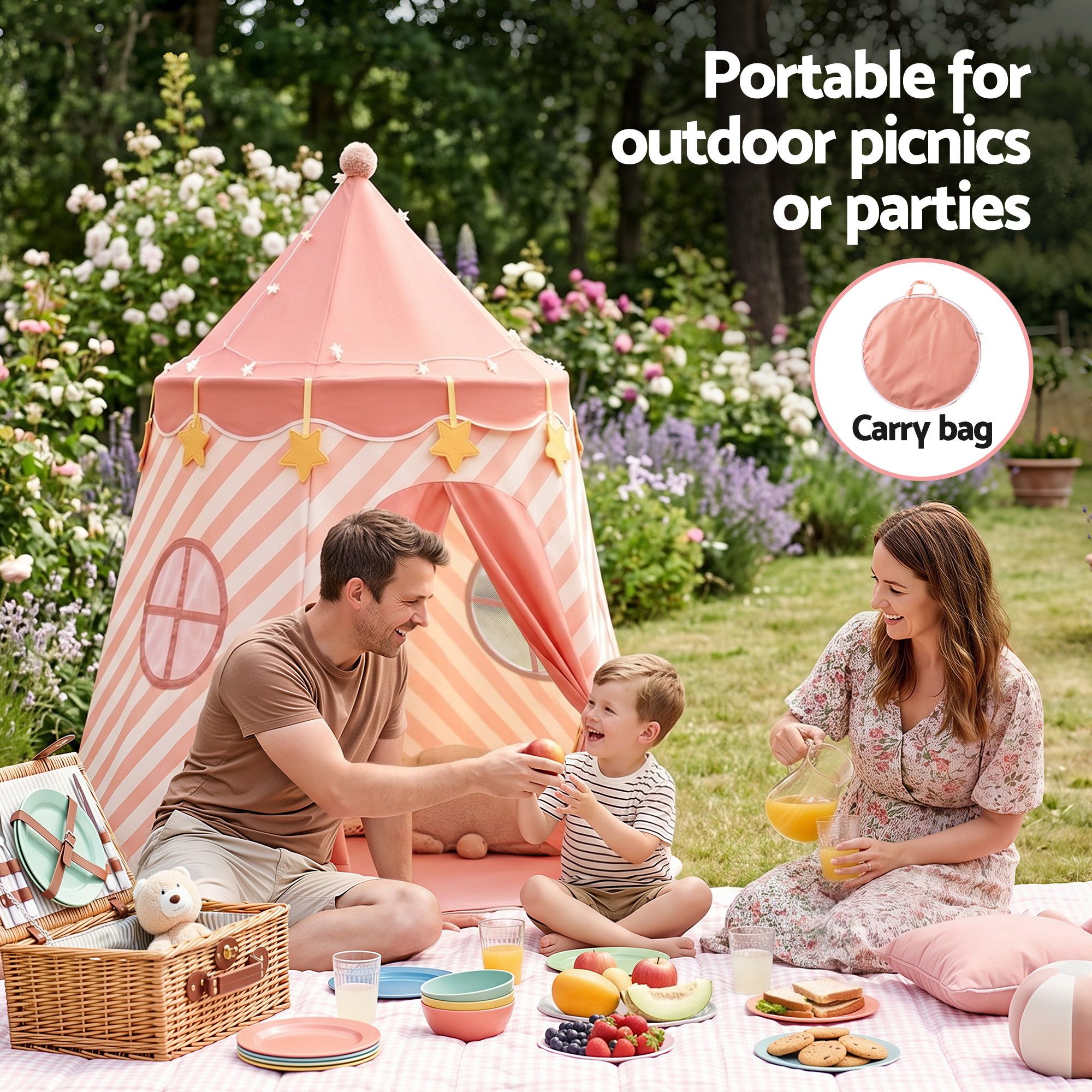 Keezi Kids Play Tent with Star Lights and Window Carry Bag 116cmx153cm Playhouse - Image 6