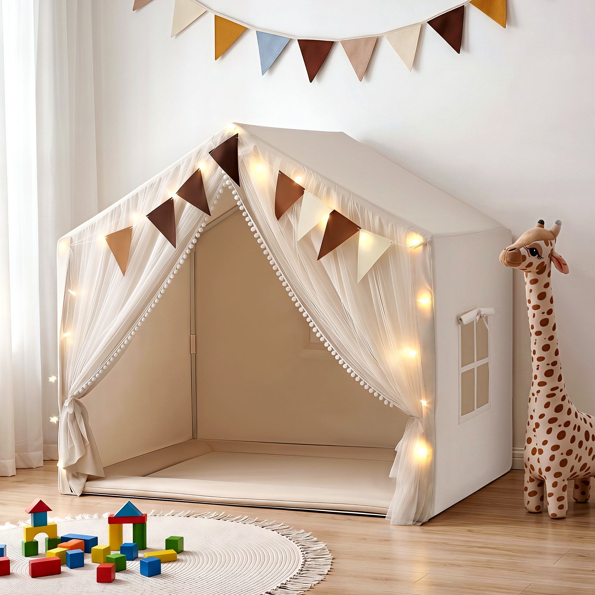 Keezi Kids Play Tent with Star Lights Windows Flag 144cmx95cm Playhouse - Image 1