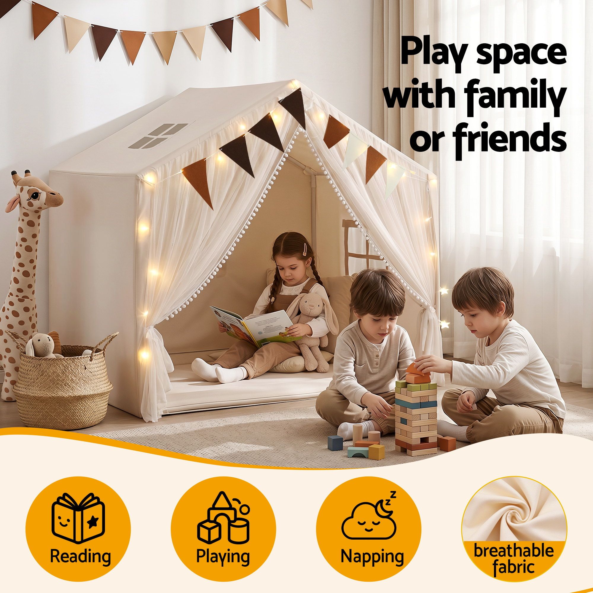 Keezi Kids Play Tent with Star Lights Windows Flag 144cmx95cm Playhouse - Image 4