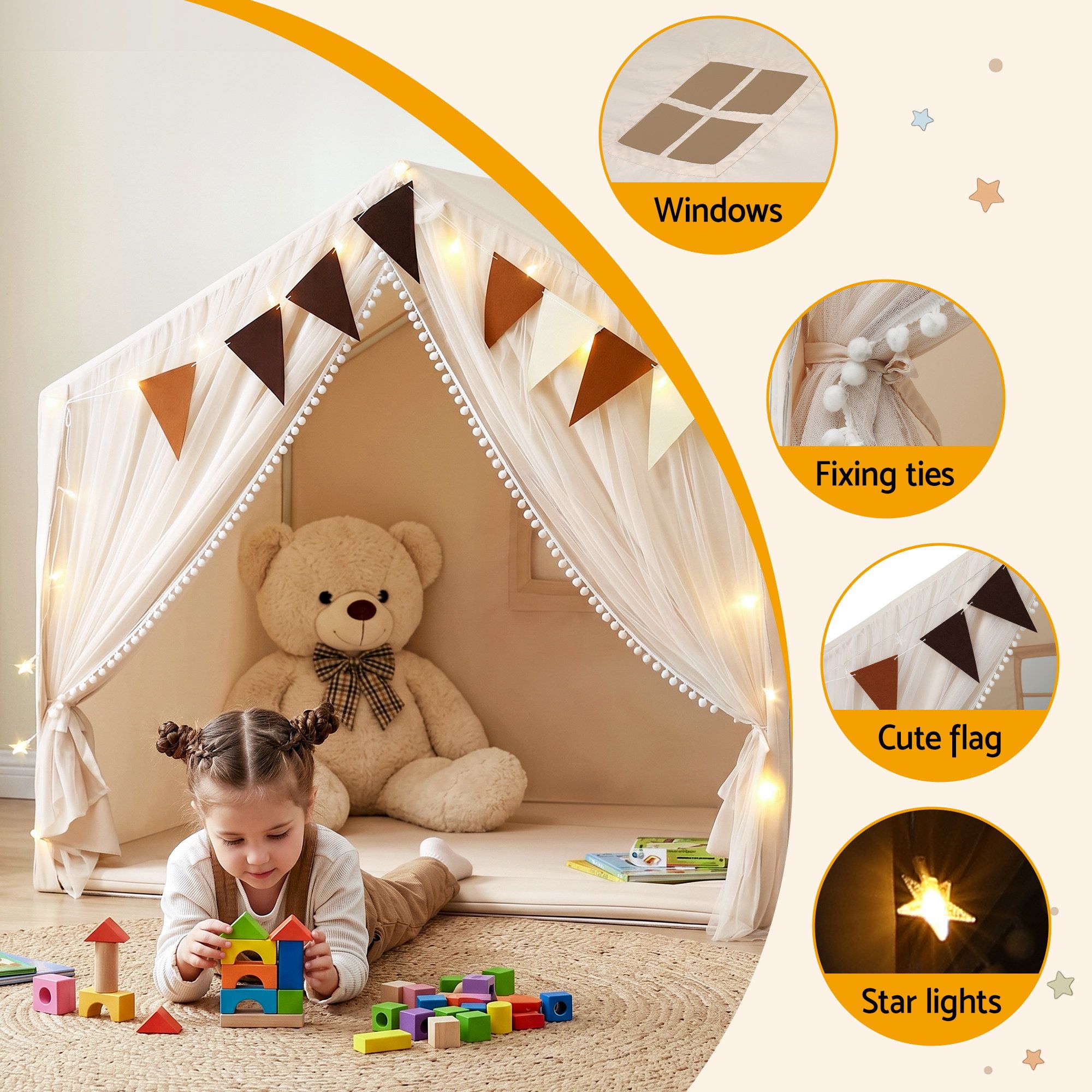 Keezi Kids Play Tent with Star Lights Windows Flag 144cmx95cm Playhouse - Image 5