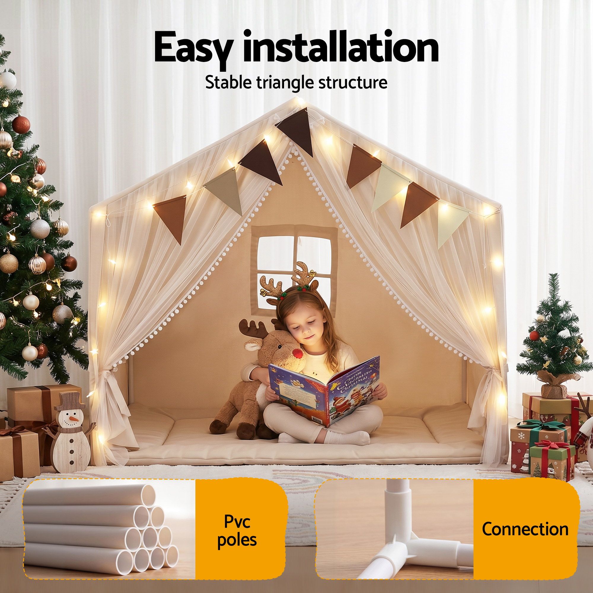 Keezi Kids Play Tent with Star Lights Windows Flag 144cmx95cm Playhouse - Image 6