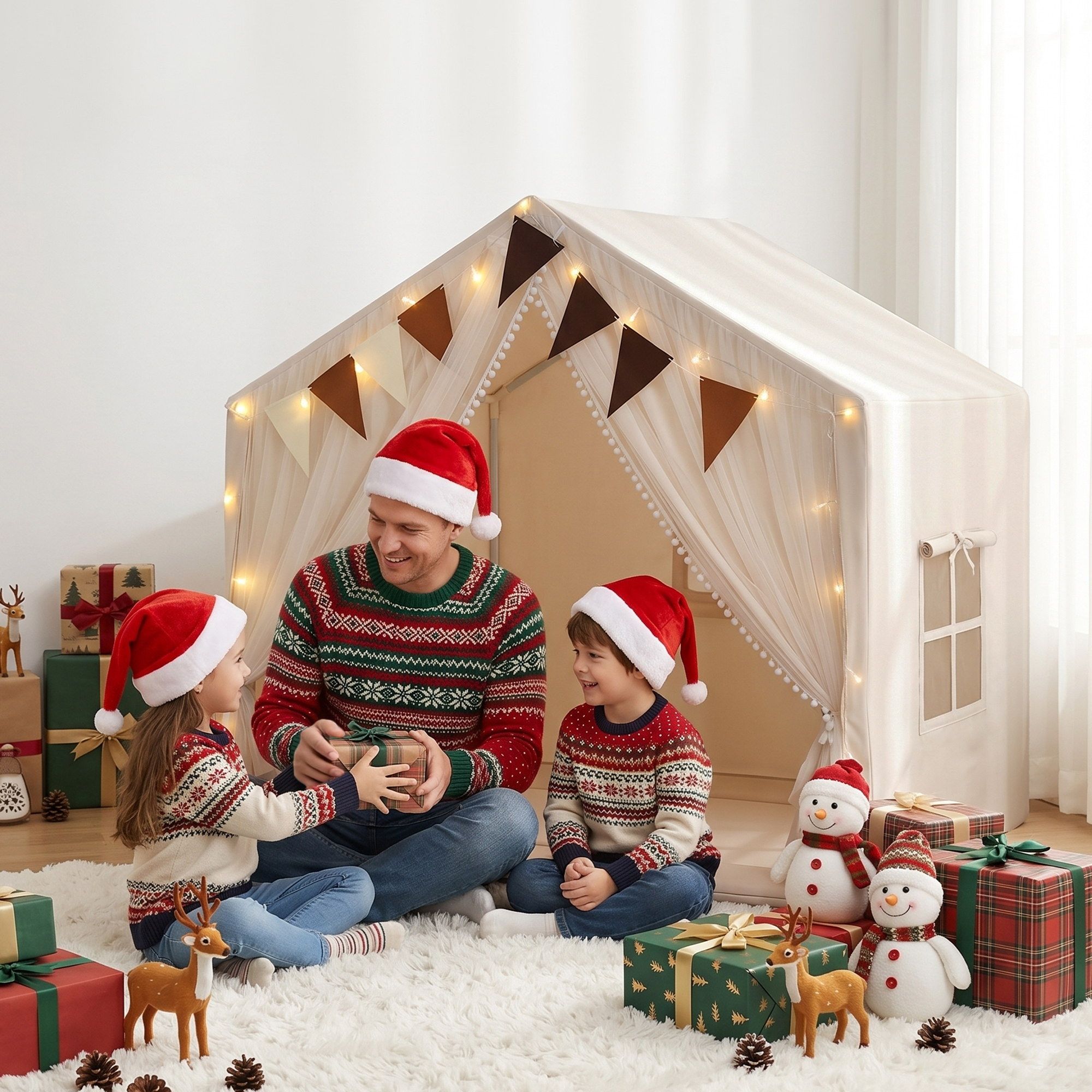 Keezi Kids Play Tent with Star Lights Windows Flag 144cmx95cm Playhouse - Image 7