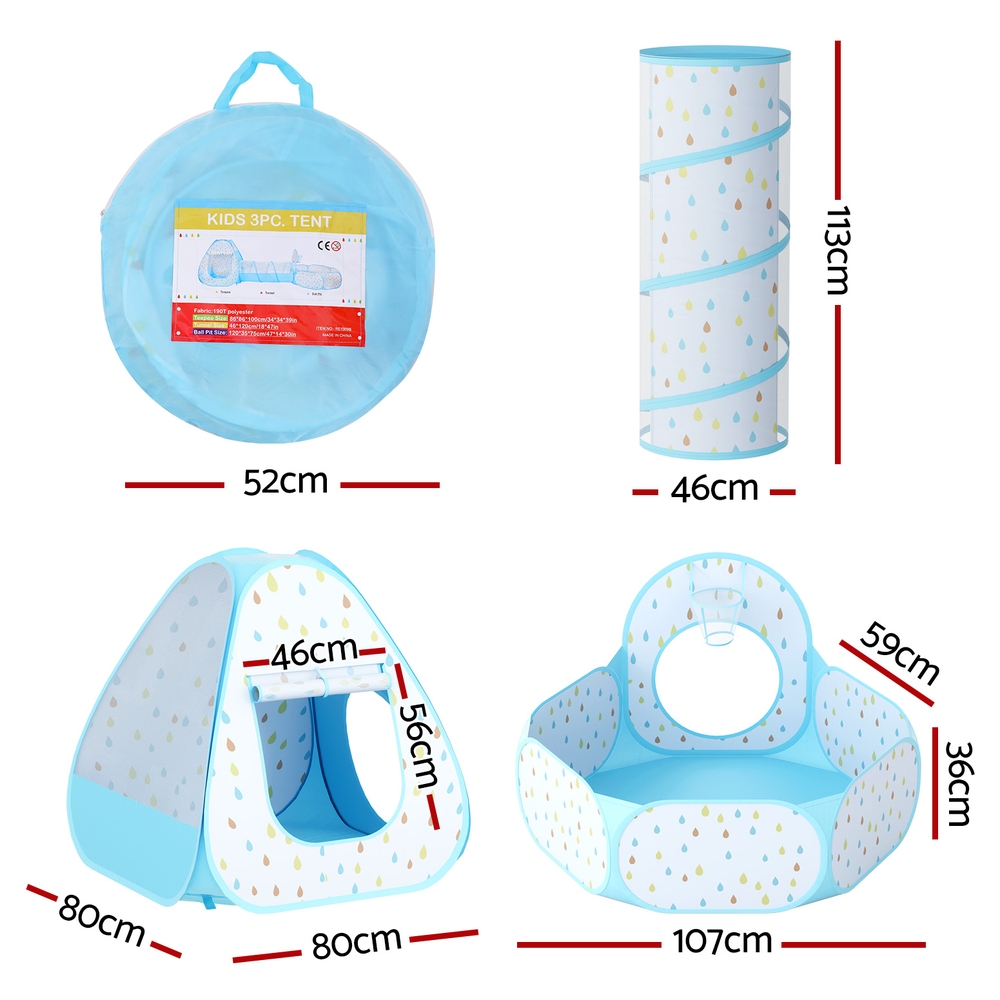 Keezi Kids Play Tent Pop Up Playhouse Ball Pit Tunnel Basketball Hoop Blue - Image 2