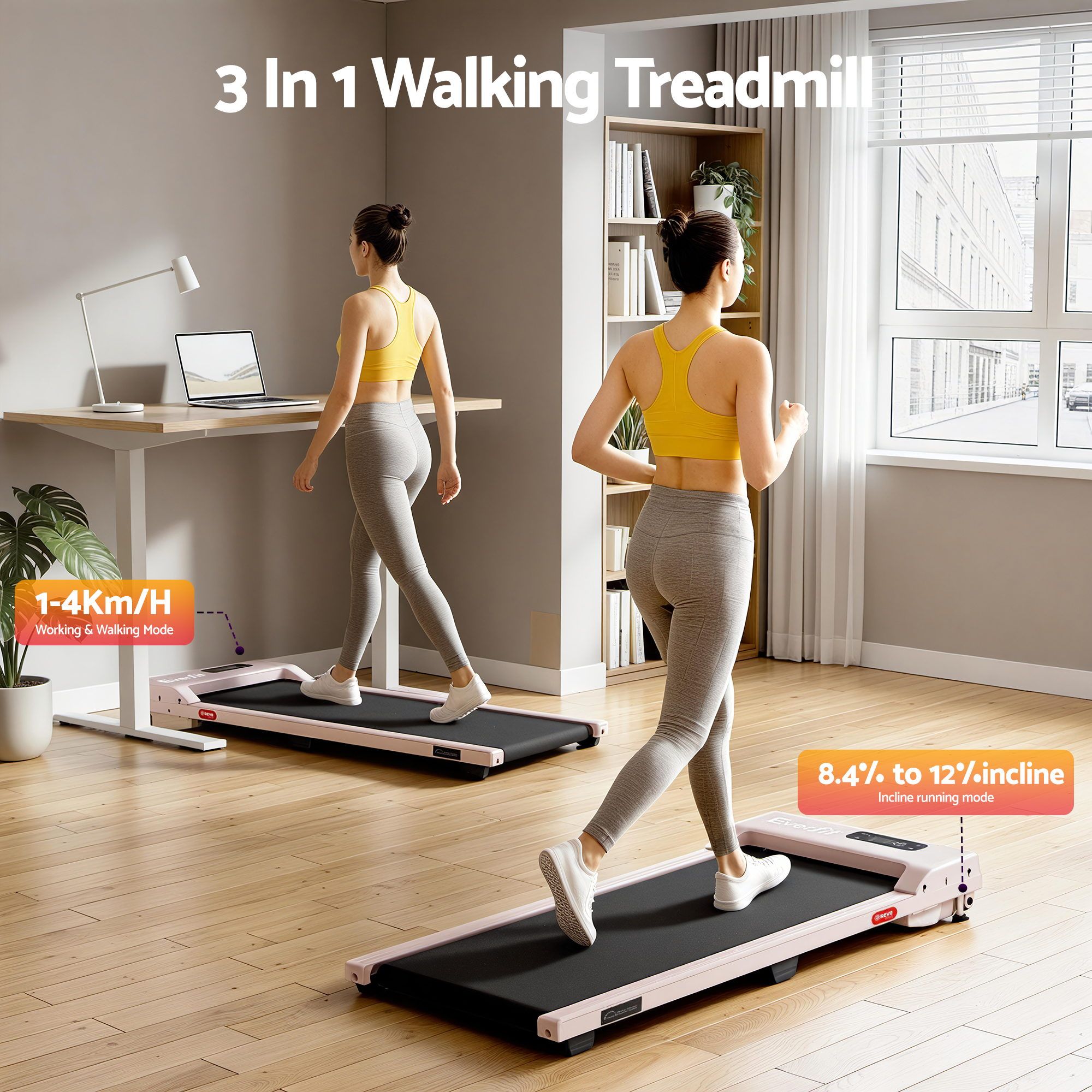 Everfit 3 in 1 Walking Pad Treadmill 12% Incline Under Desk Treadmills for Home Gym With 38cm Wide Belt Pink - Image 4