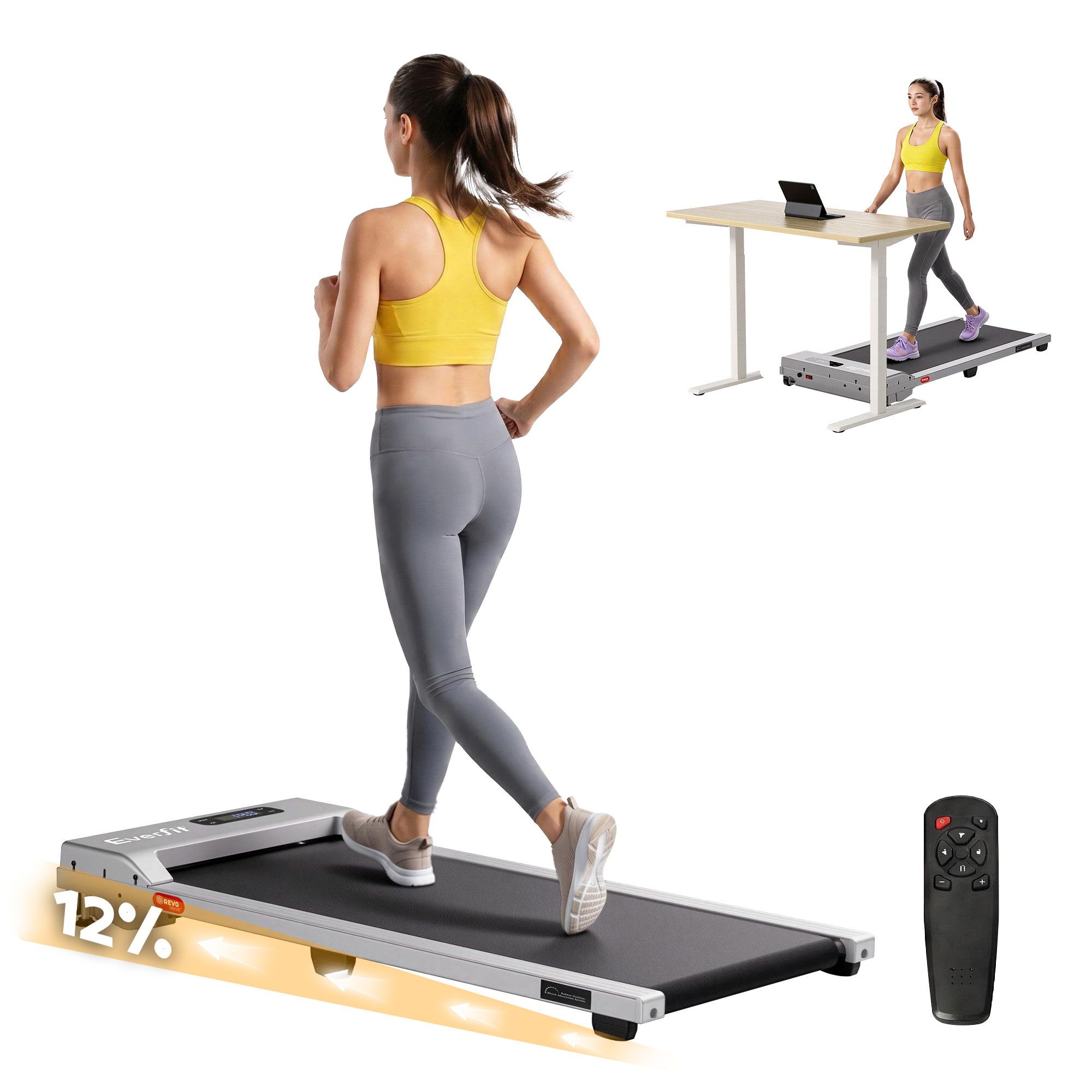 Everfit 3 in 1 Walking Pad Treadmill 12% Incline Under Desk Treadmills for Home Gym With 38cm Wide Belt Silver - Image 1