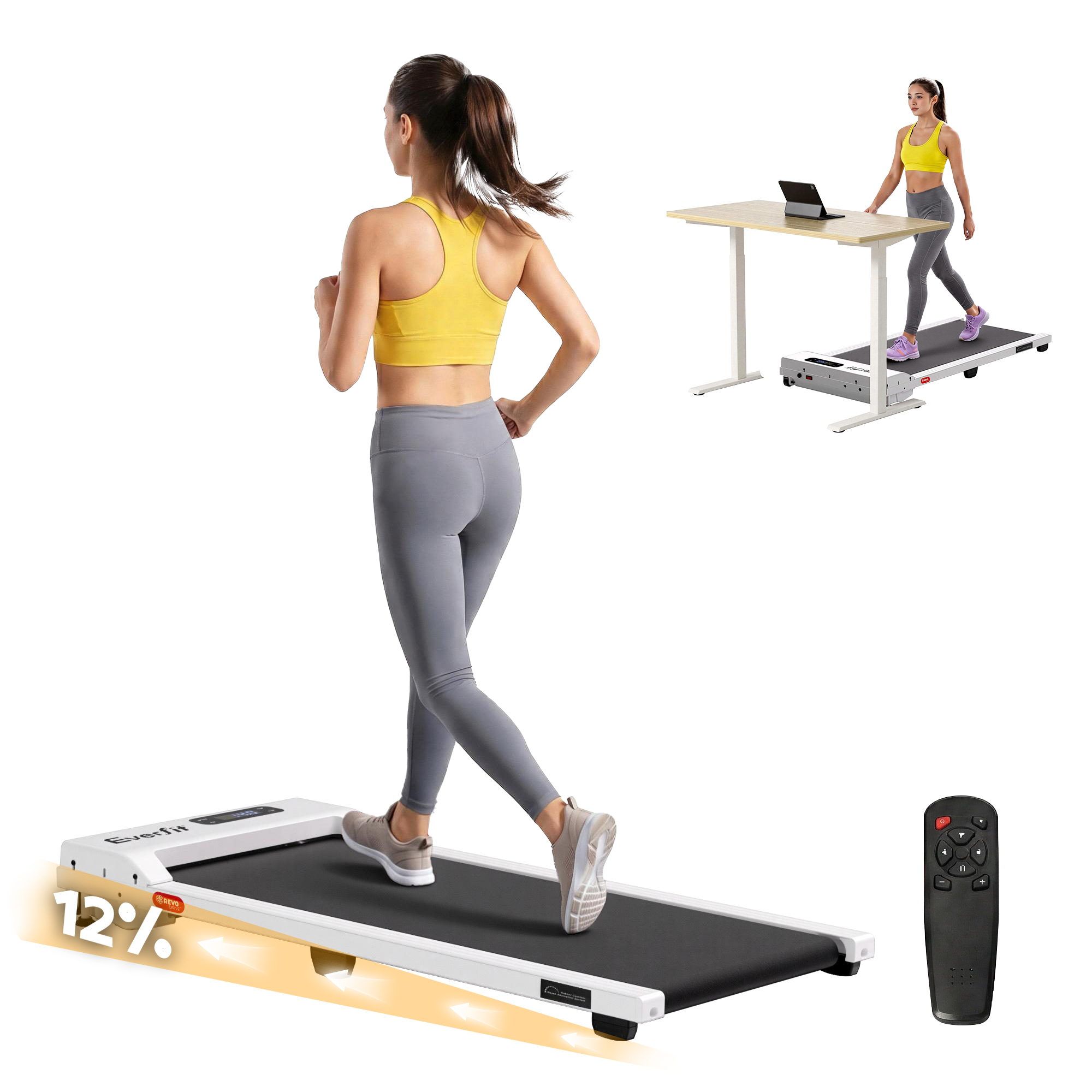 Everfit 3 in 1 Walking Pad Treadmill 12% Incline Under Desk Treadmills for Home Gym With 38cm Wide Belt White - Image 1