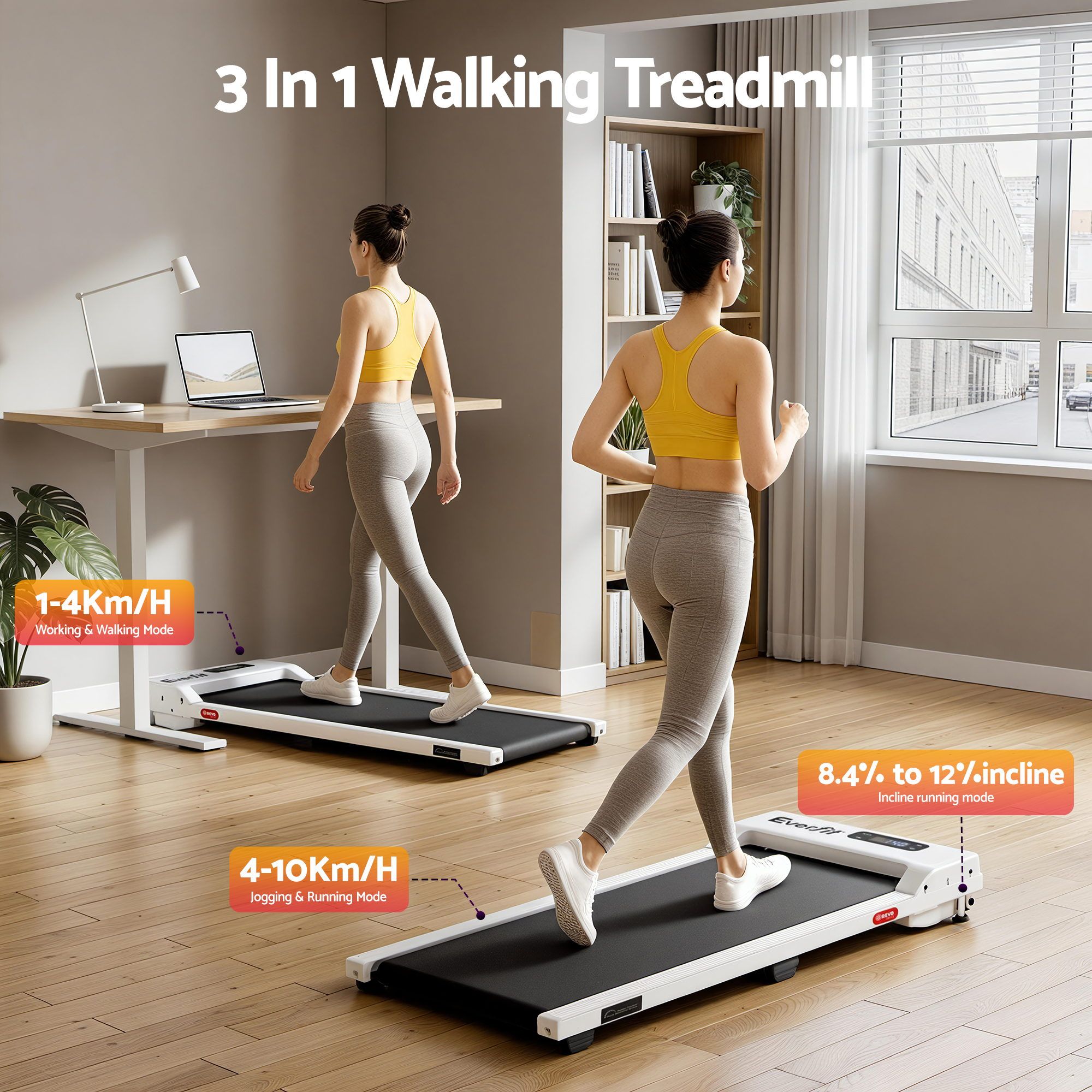 Everfit 3 in 1 Walking Pad Treadmill 12% Incline Under Desk Treadmills for Home Gym With 38cm Wide Belt White - Image 4