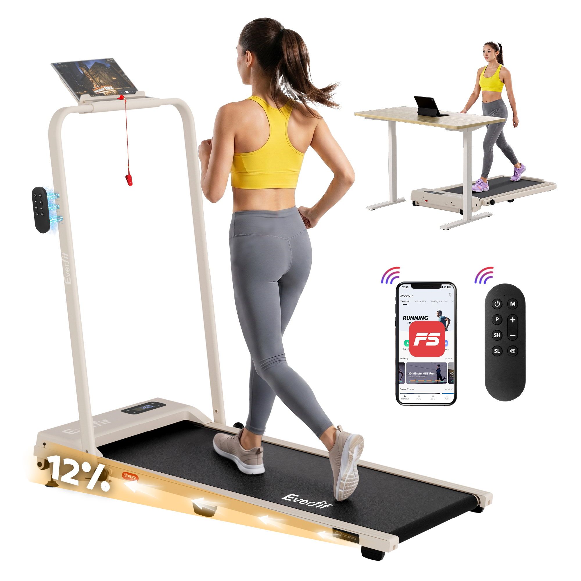 Everfit 3 in 1 Walking Pad Treadmill 12% Incline Under Desk Foldable Treadmills for Home Gym With 38cm Wide Belt APP Control - Image 1
