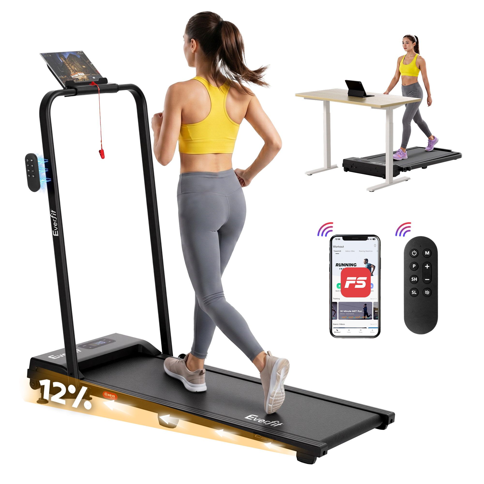 Everfit 3 in 1 Walking Pad Treadmill 12% Incline Under Desk Foldable Treadmills for Home Gym With 38cm Wide Belt APP Control - Image 1