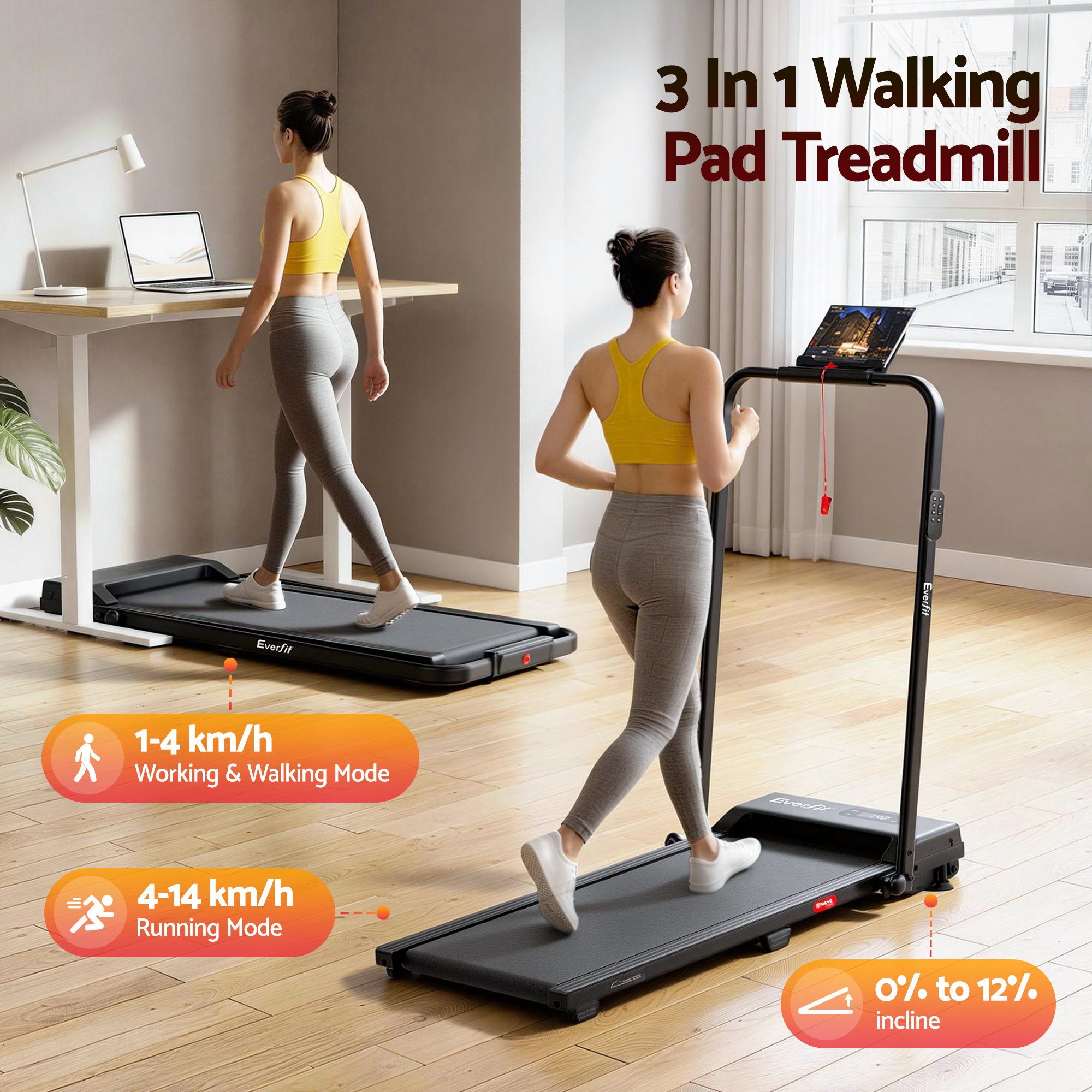 Everfit 3 in 1 Walking Pad Treadmill 12% Incline Under Desk Foldable Treadmills for Home Gym With 38cm Wide Belt APP Control - Image 3