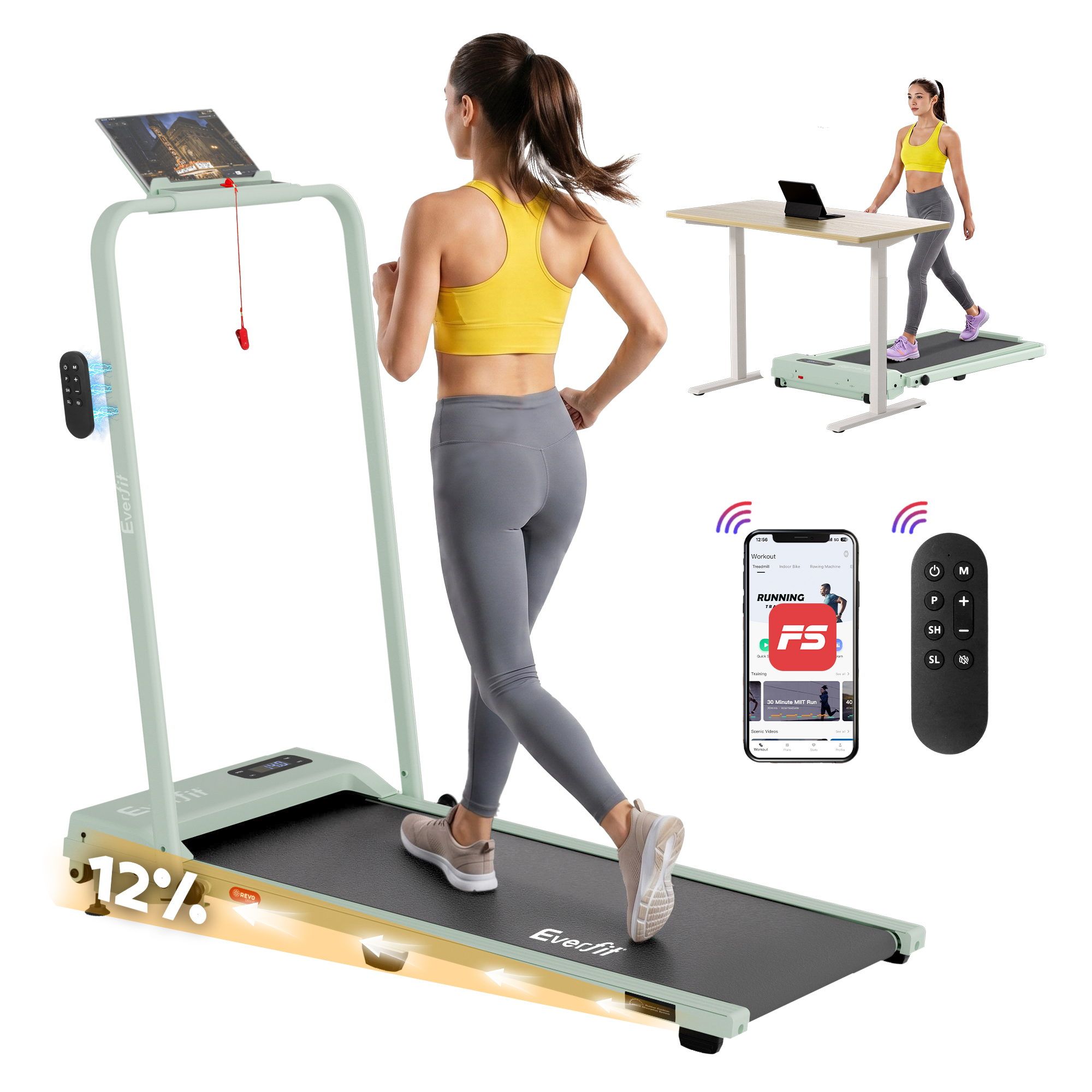 Everfit 3 in 1 Walking Pad Treadmill 12% Incline Under Desk Foldable Treadmills for Home Gym With 38cm Wide Belt APP Control - Image 1
