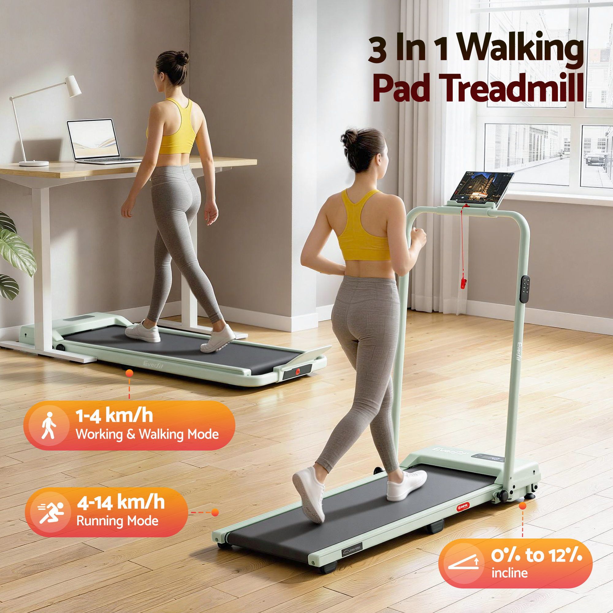 Everfit 3 in 1 Walking Pad Treadmill 12% Incline Under Desk Foldable Treadmills for Home Gym With 38cm Wide Belt APP Control - Image 3