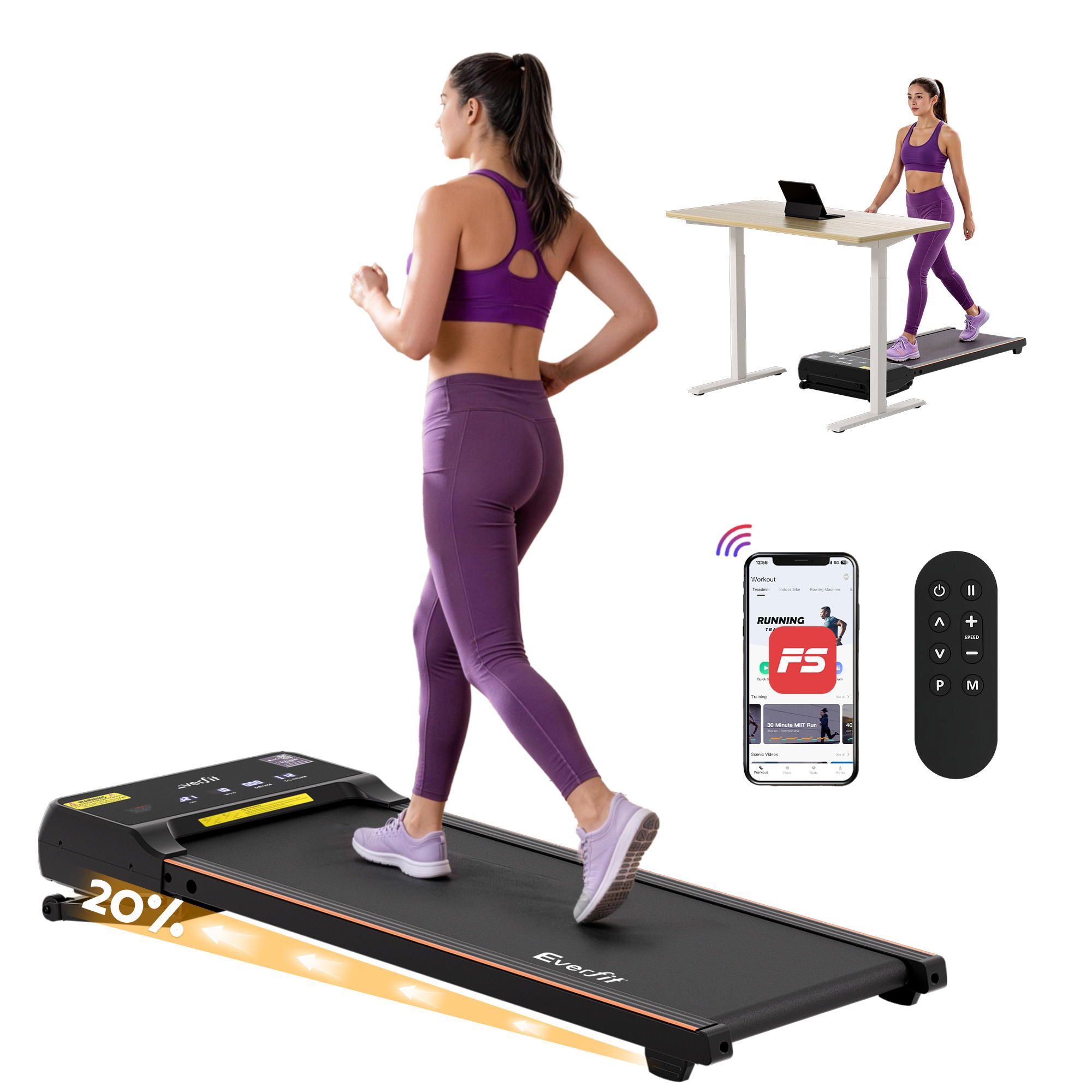 Everfit 3 in 1 Walking Pad Treadmill 20% Auto Incline Under Desk Treadmills for Home Gym With 40cm Wide Belt - Image 1
