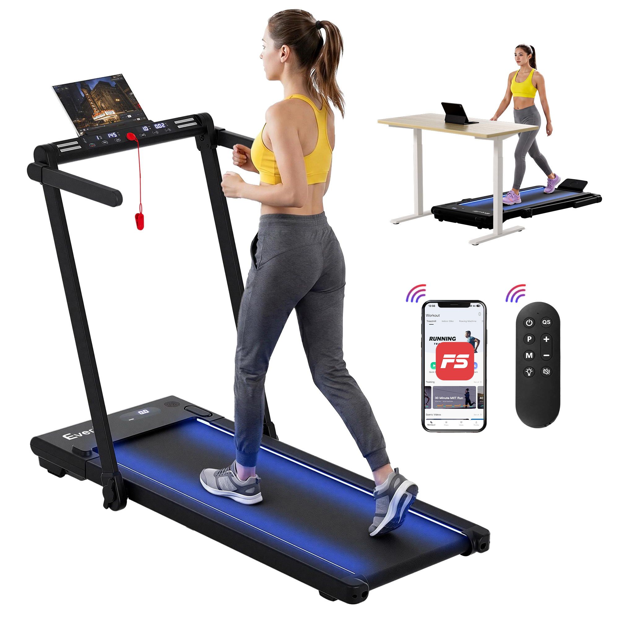 Everfit 3 in 1 Walking Pad Treadmill With Led Lights Foldable Under Desk Treadmills for Home Gym 40cm Wide Belt Black - Image 1