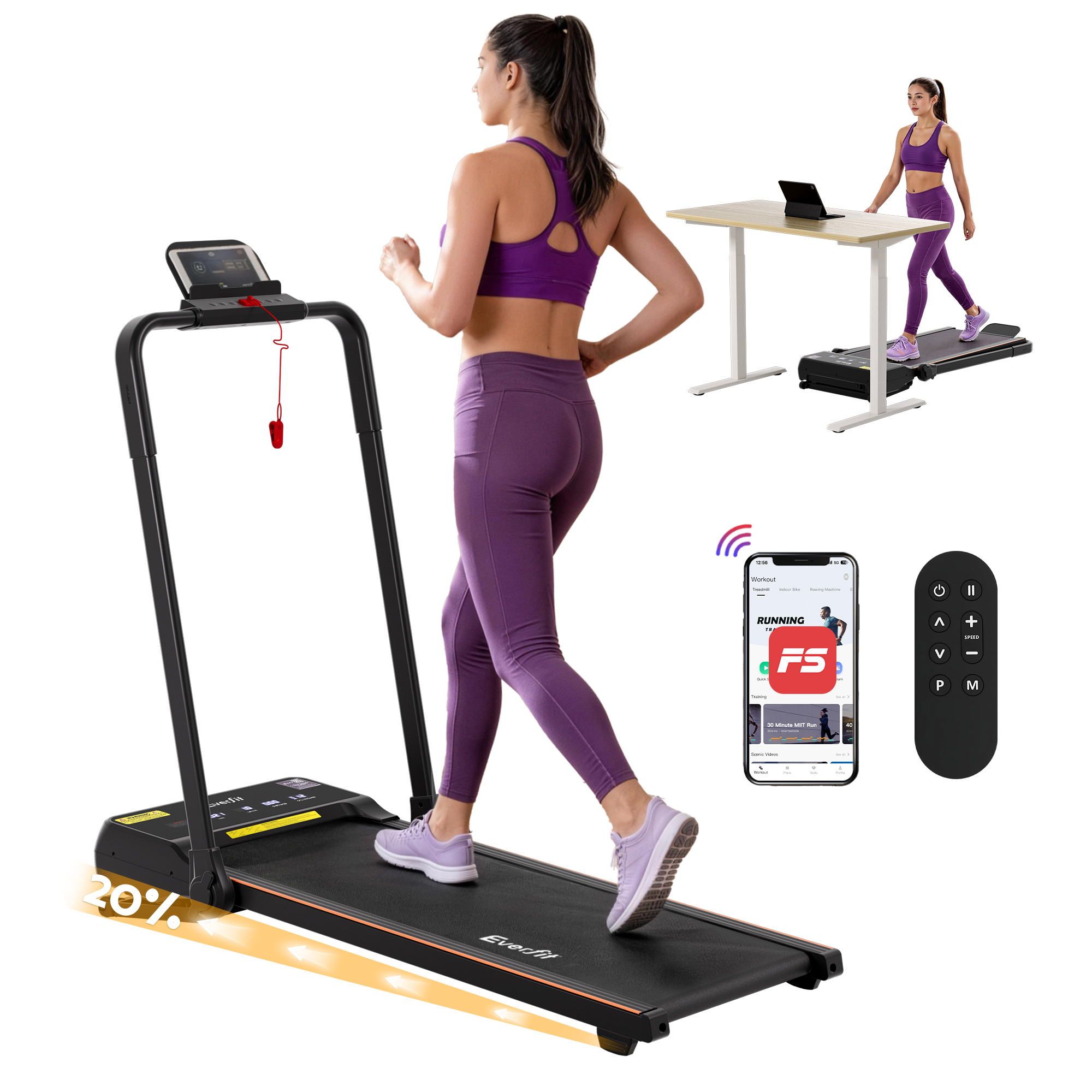 Everfit 3 in 1 Walking Pad Treadmill 20% Auto Incline Under Desk Foldable Treadmills for Home With 40cm Wide Belt - Image 1