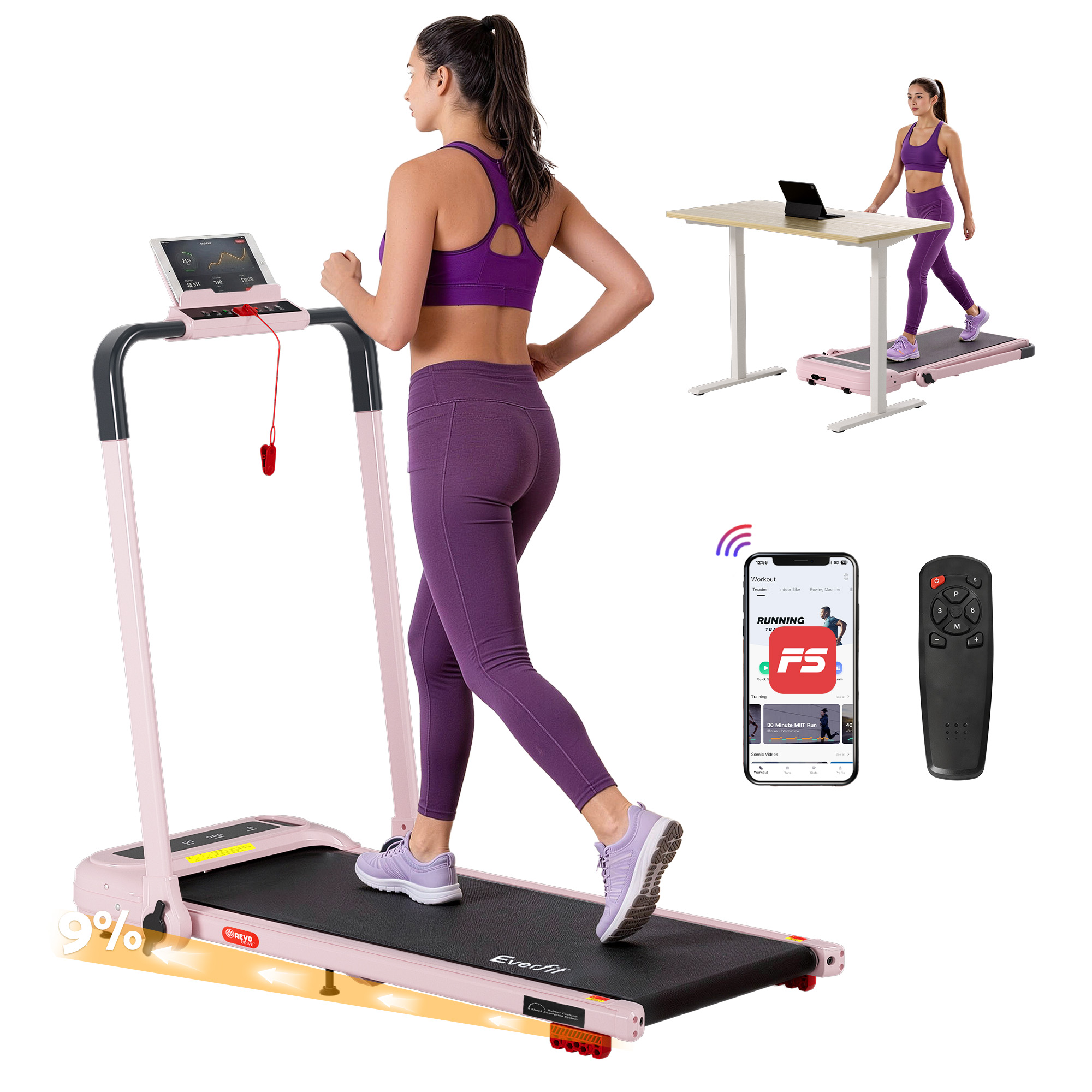 Everfit Treadmill Electric Walking Pad with Incline Foldable for Home Gym Pink - Image 1