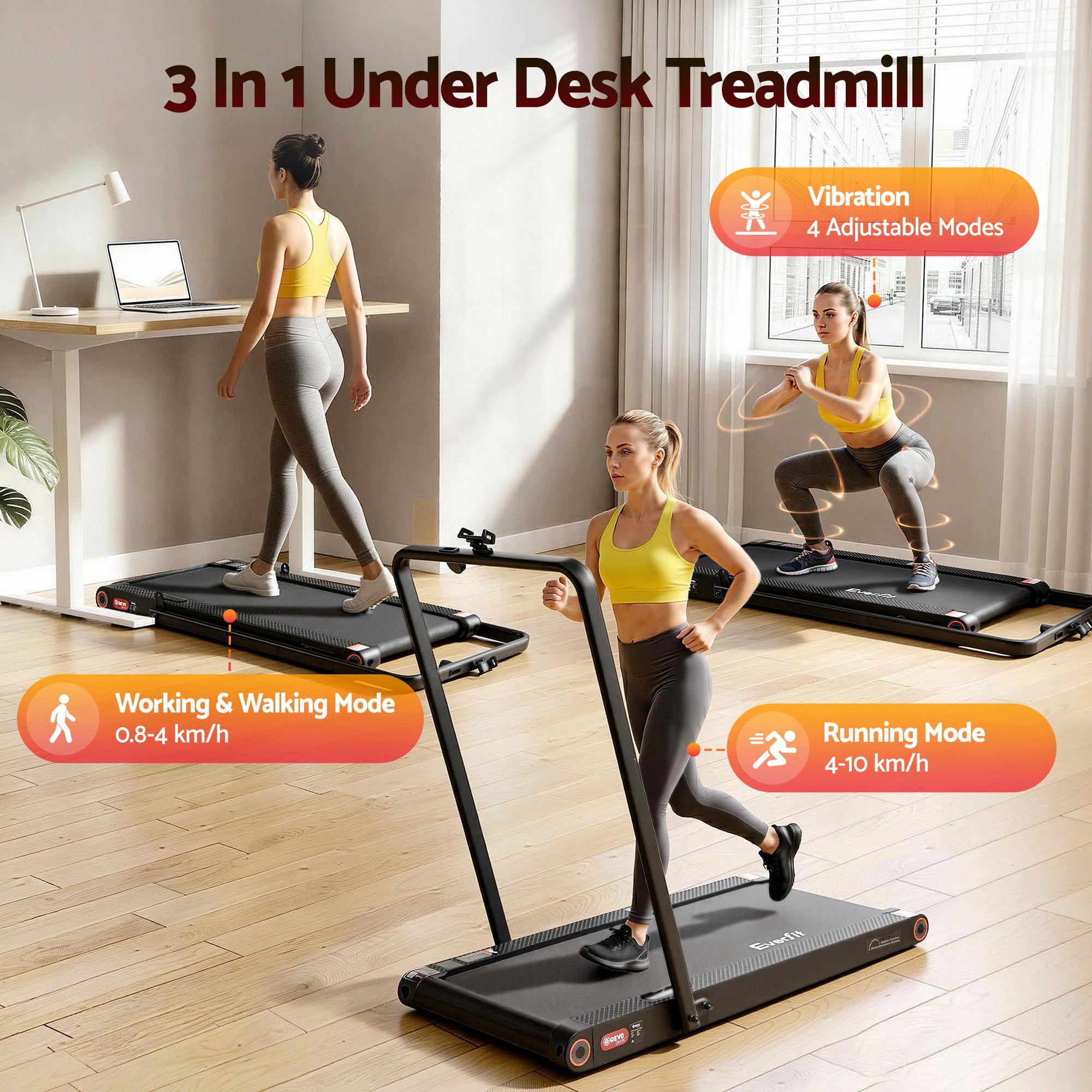 Everfit 4 in 1 Vibration Walking Pad Treadmill Under Desk Treadmills for Home Gym with App Control 380mm Black - Image 2