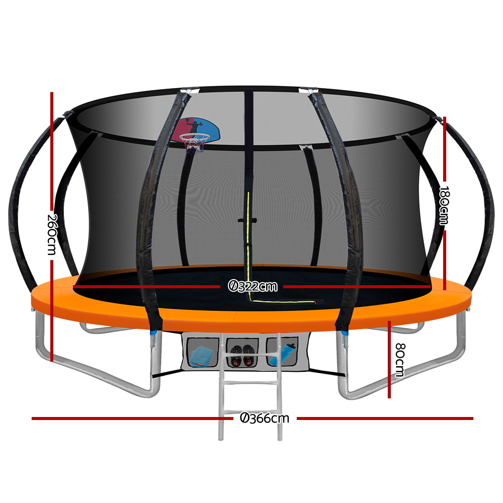 Everfit 12FT Trampoline for Kids w/ Ladder Trampoline Enclosure Safety Net Rebounder Orange - Image 2