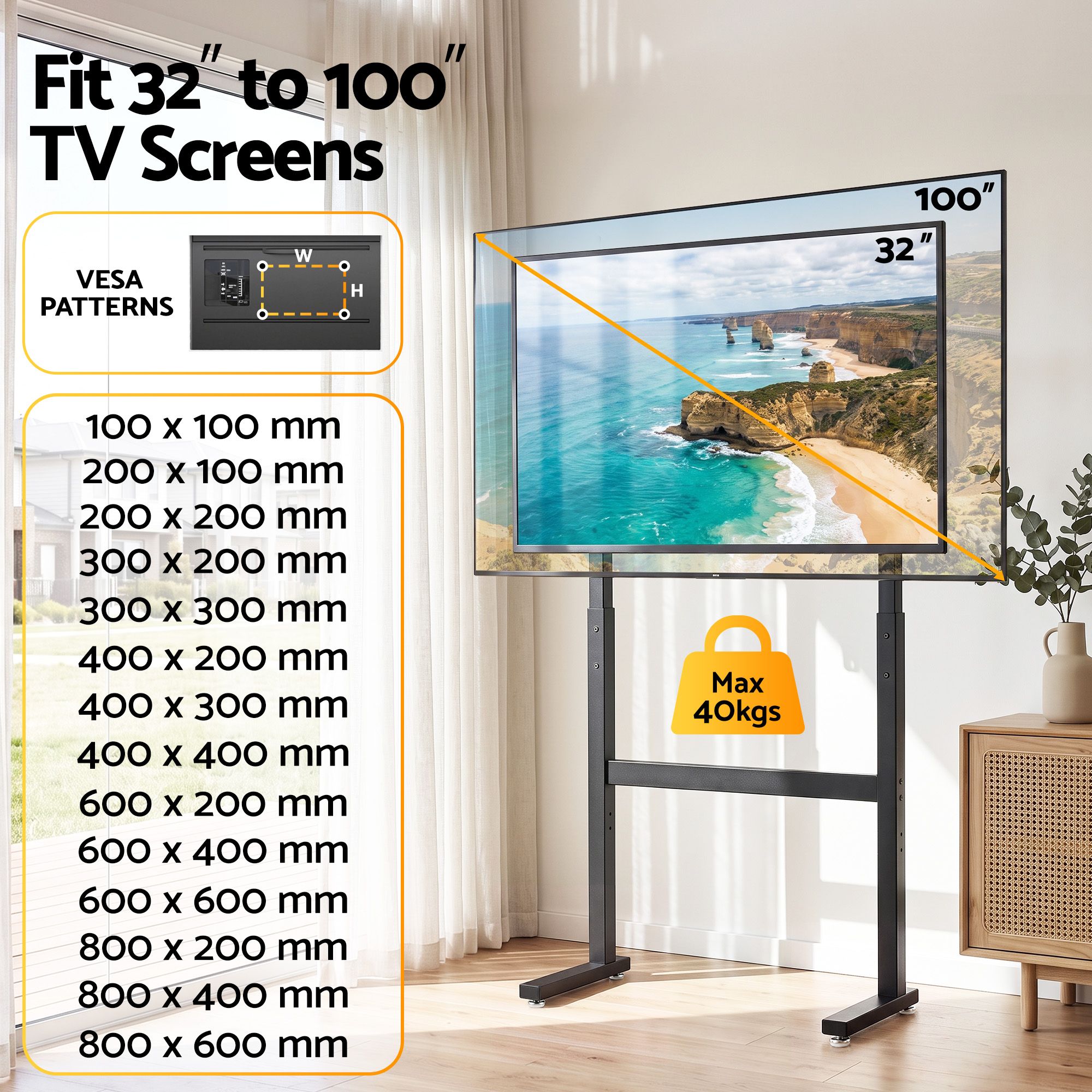 Artiss Universal Floor TV Stand for 32-100 Inch Screens Heavy Duty 40kg Capacity - Image 4