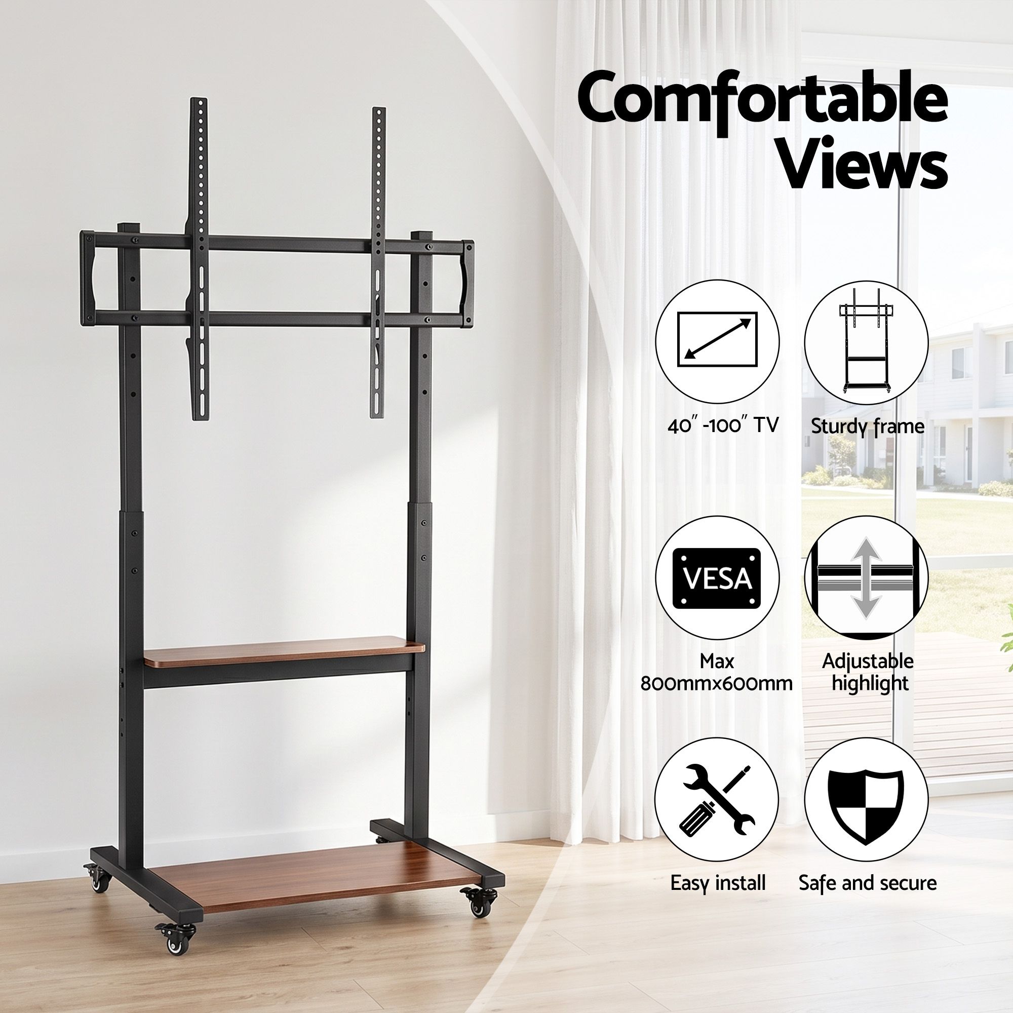 Artiss Mobile TV Stand for 40-100 Inch TVs Cart with Wheels Adjustable Shelves - Image 3