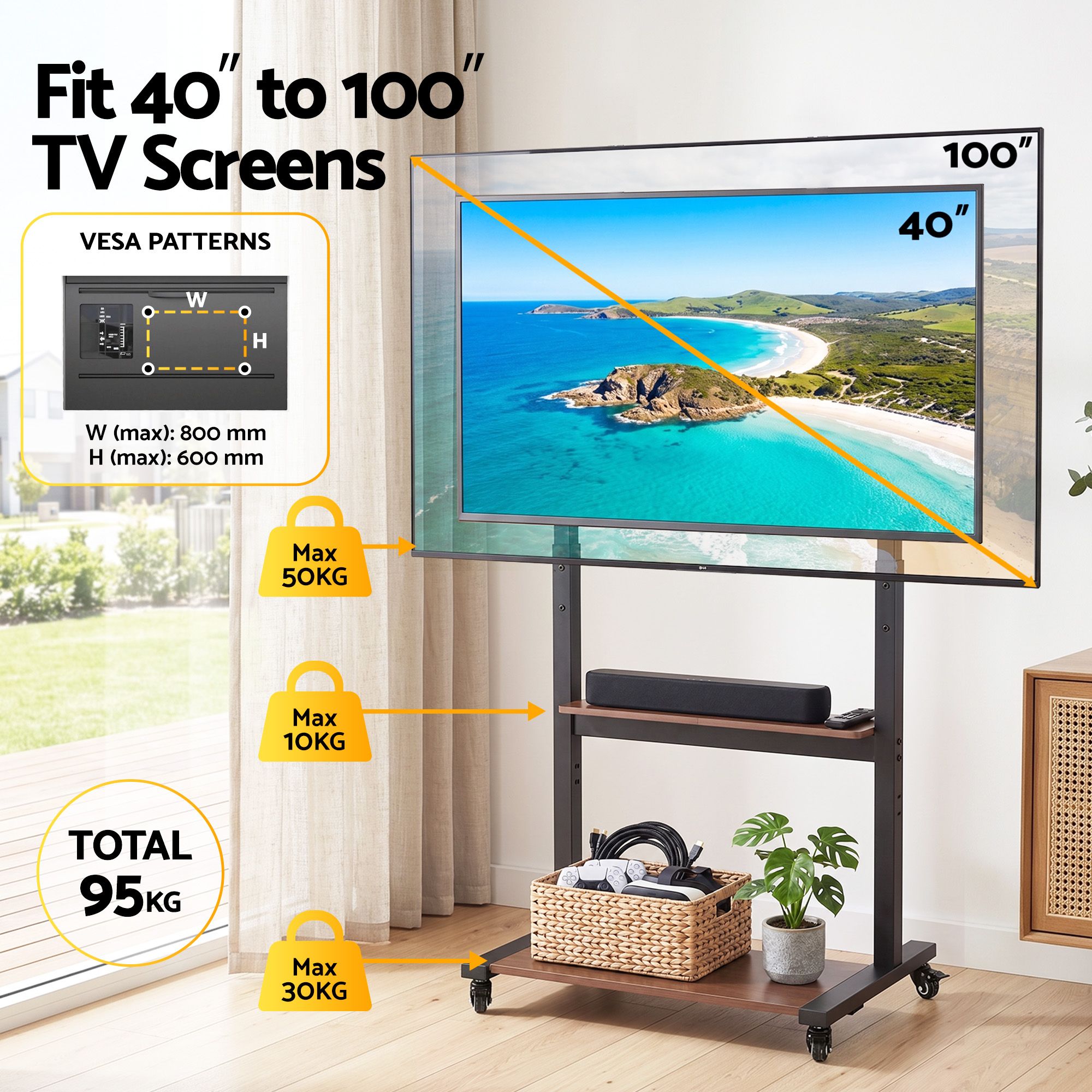 Artiss Mobile TV Stand for 40-100 Inch TVs Cart with Wheels Adjustable Shelves - Image 4