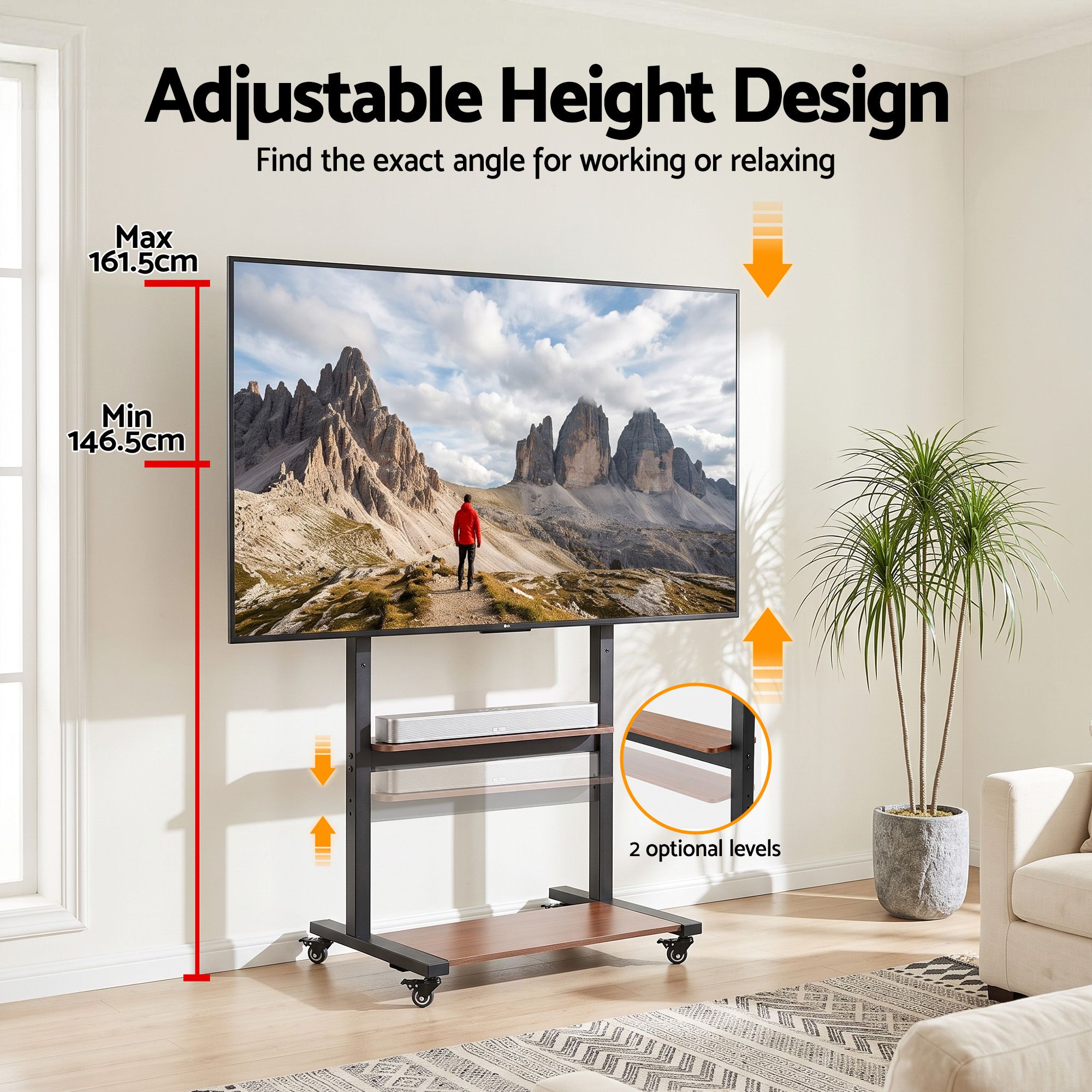 Artiss Mobile TV Stand for 40-100 Inch TVs Cart with Wheels Adjustable Shelves - Image 5
