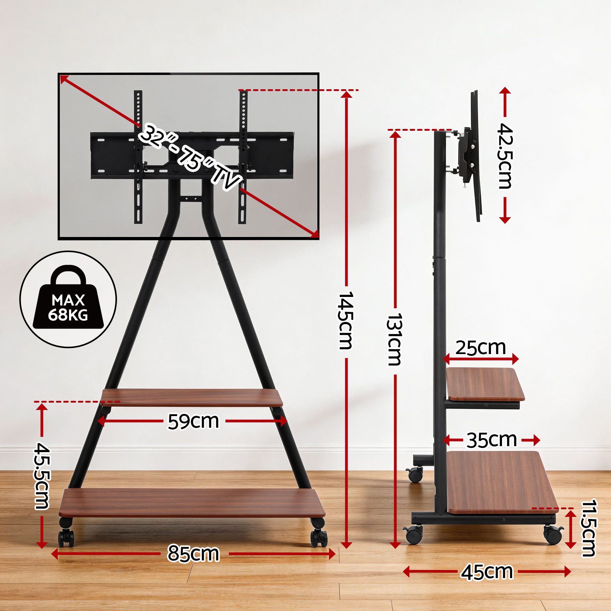 Artiss Mobile TV Stand Rolling Cart Wheels 32-75