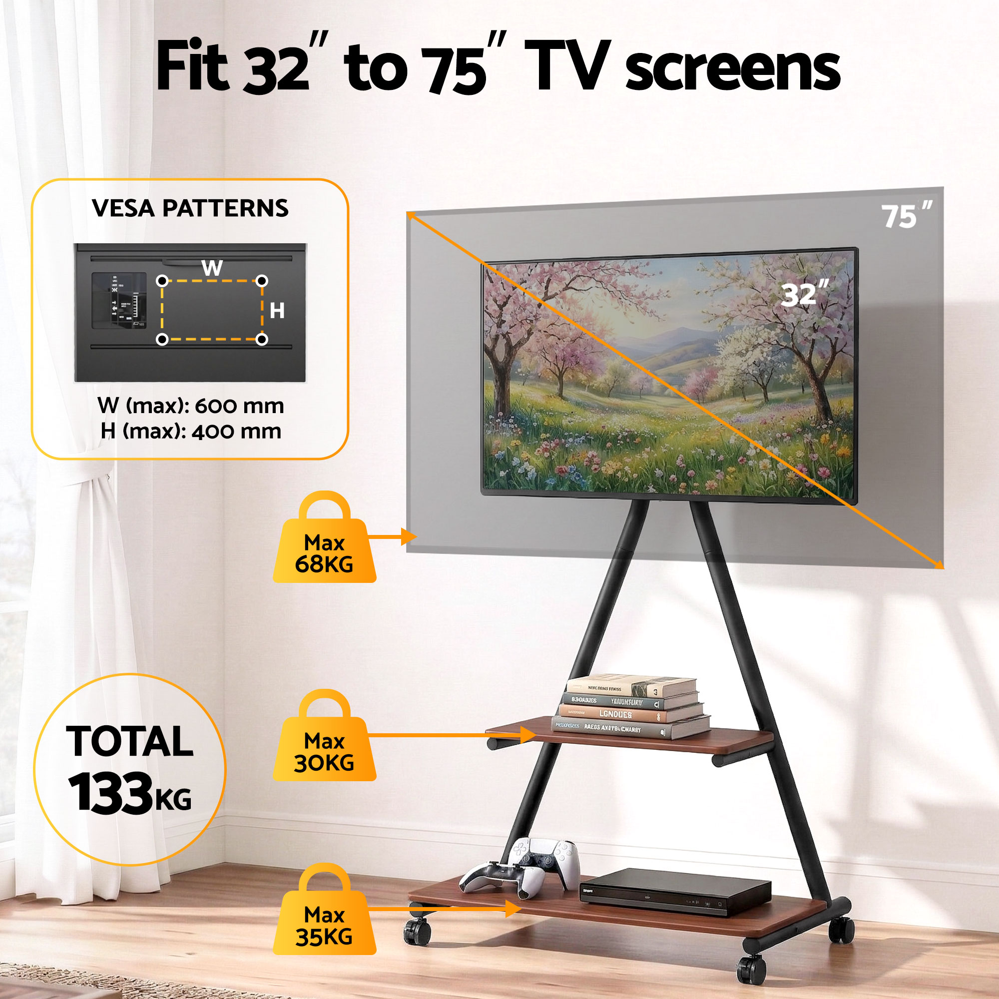 Artiss Mobile TV Stand Rolling Cart Wheels 32-75