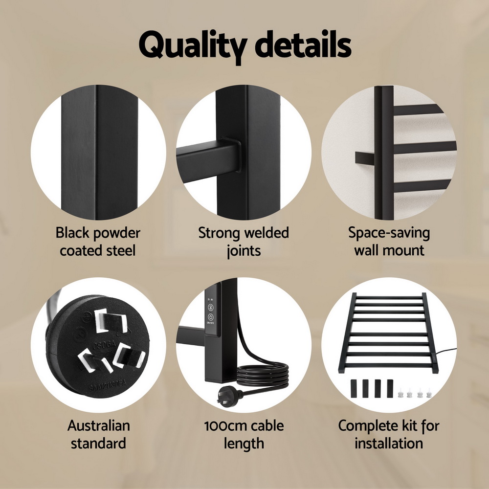 Devanti Heated Towel Rail 8 Square Bars with Timer Electric Heater Warmer Rack - Image 6