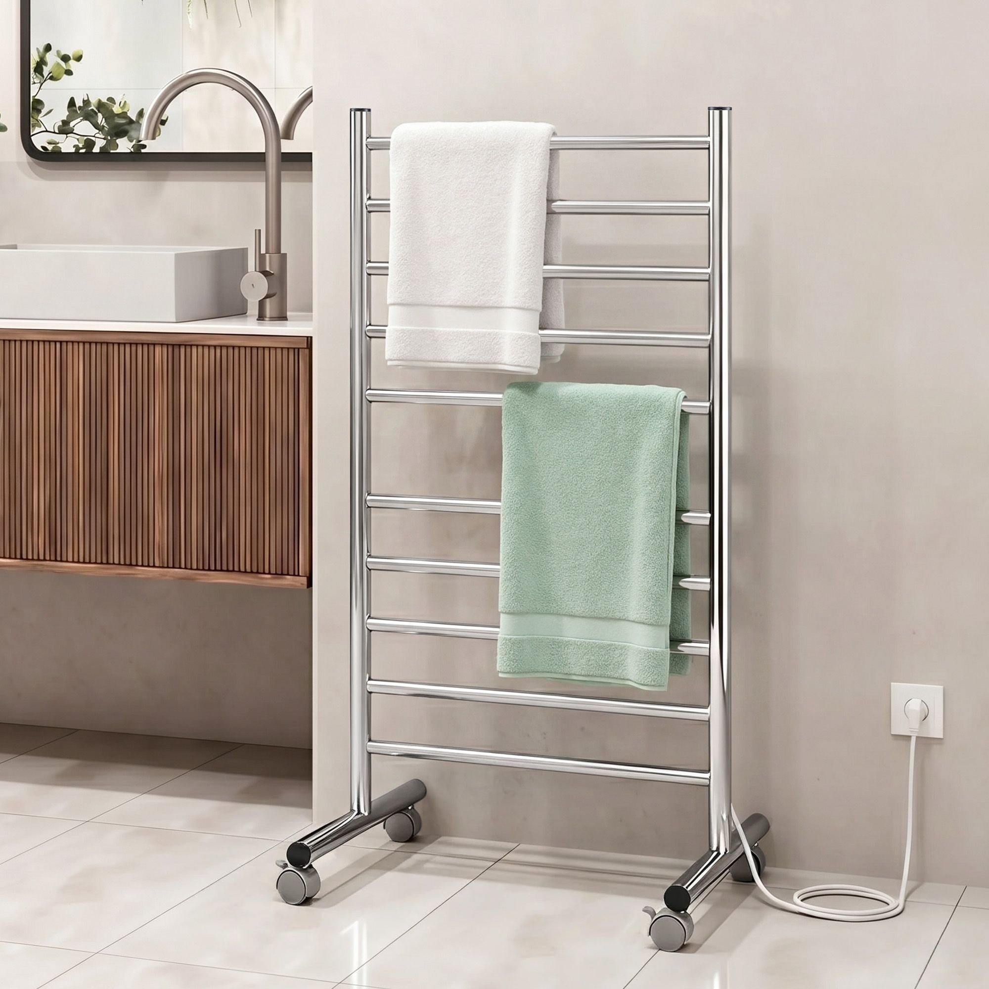 Devanti 10-Bar Freestanding Heated Towel Rail 3-5 Mins Fast Heating Electric Towel Warmer for Bathroom Winter Drying Stainless Steel Plug In 100W - Image 1