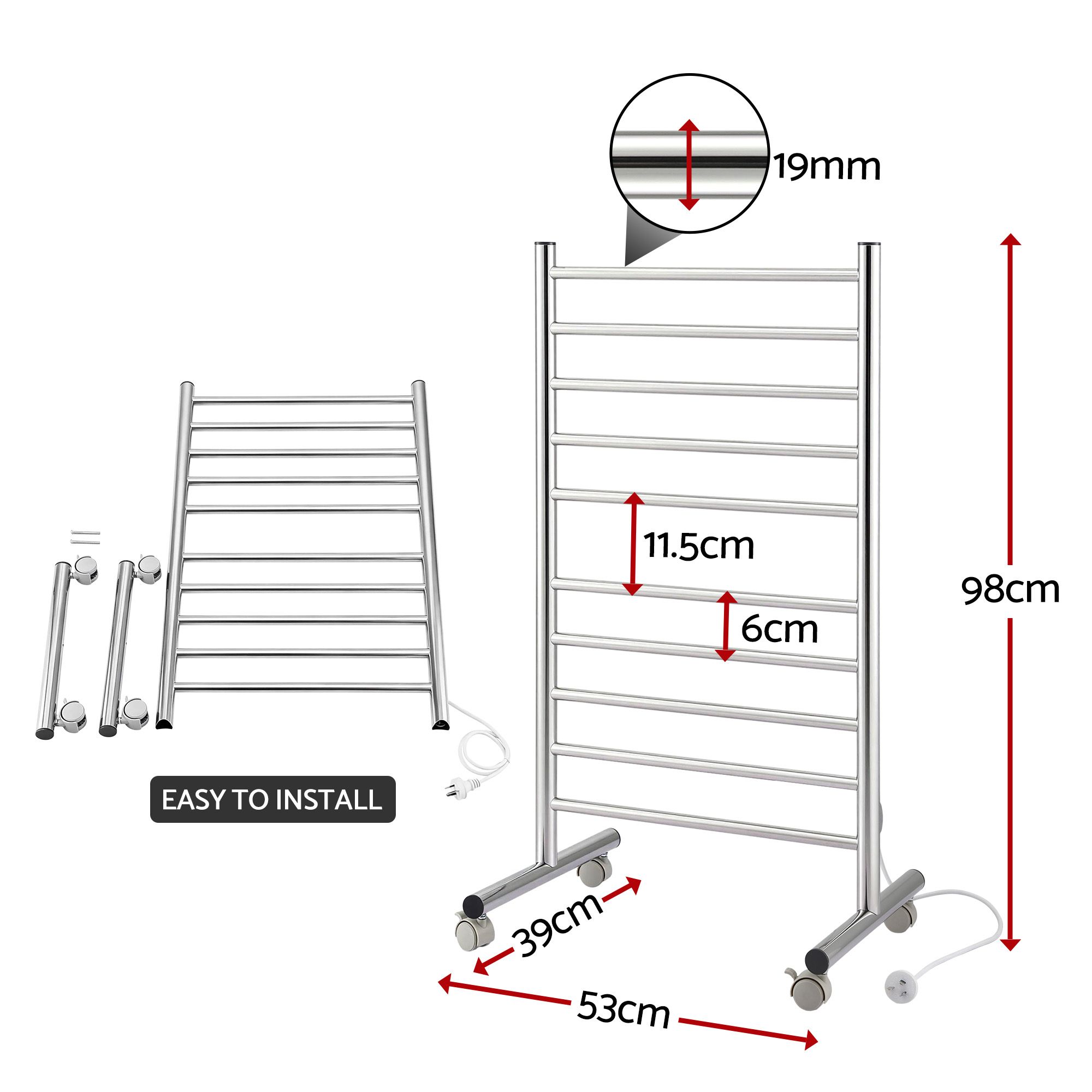 Devanti 10-Bar Freestanding Heated Towel Rail 3-5 Mins Fast Heating Electric Towel Warmer for Bathroom Winter Drying Stainless Steel Plug In 100W - Image 4
