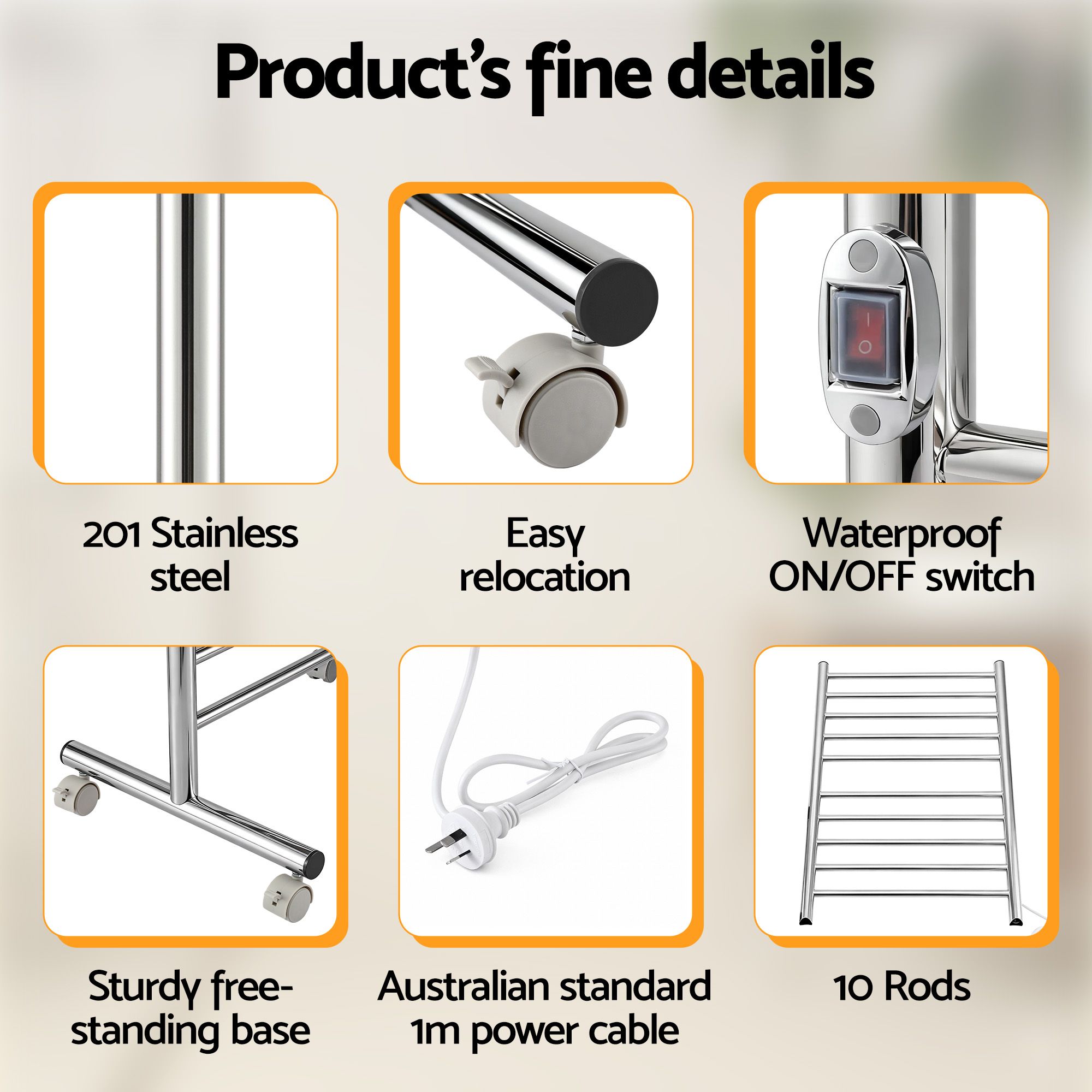 Devanti 10-Bar Freestanding Heated Towel Rail 3-5 Mins Fast Heating Electric Towel Warmer for Bathroom Winter Drying Stainless Steel Plug In 100W - Image 7
