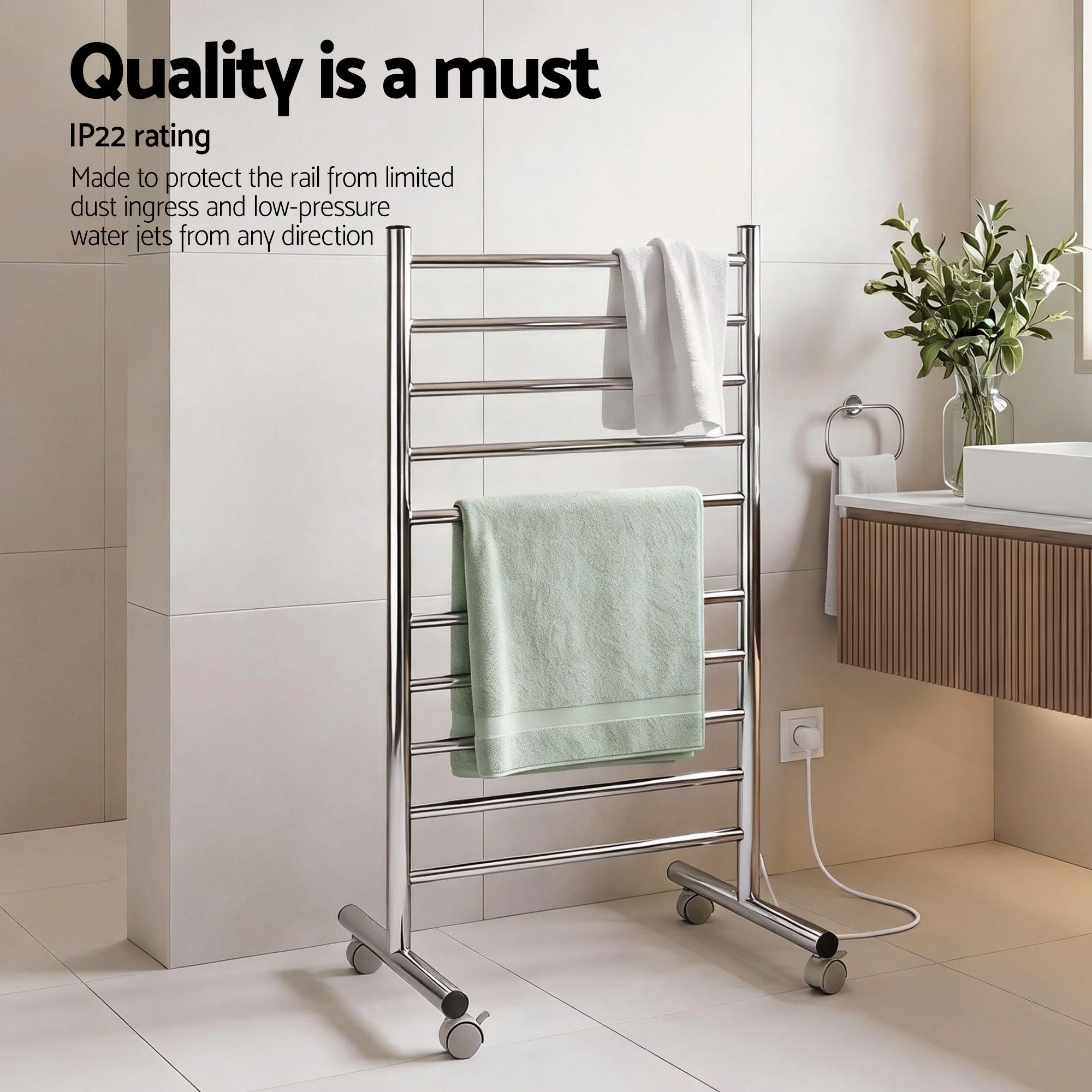 Devanti 10-Bar Freestanding Heated Towel Rail 3-5 Mins Fast Heating Electric Towel Warmer for Bathroom Winter Drying Stainless Steel Plug In 100W - Image 8
