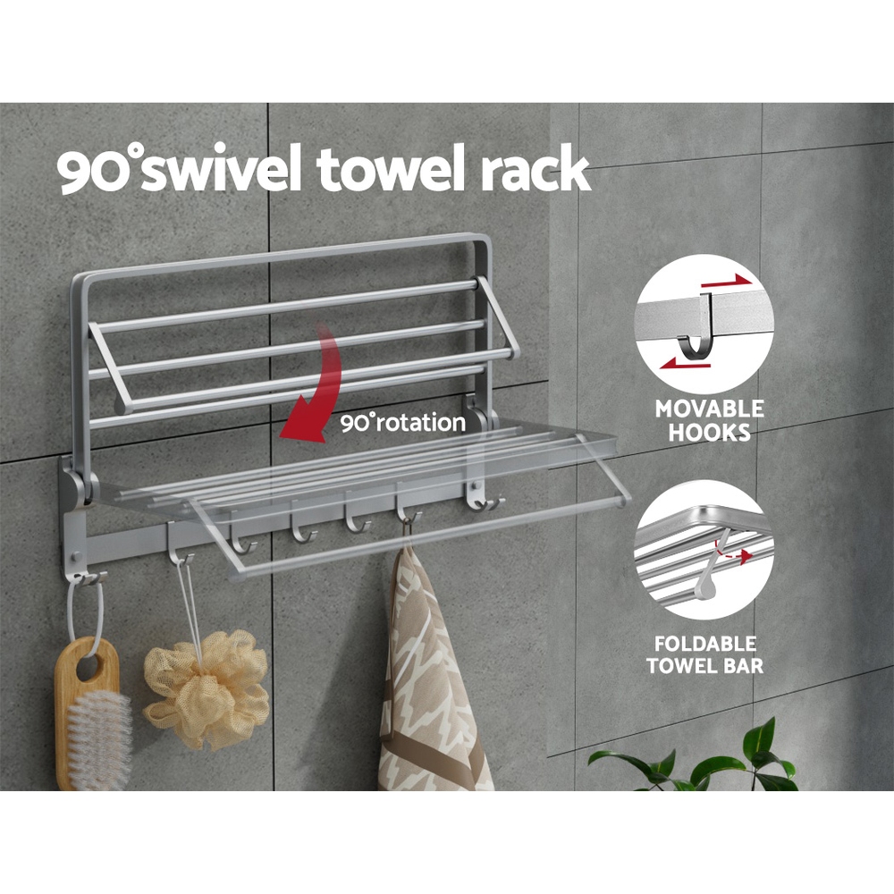Towel Rail Rack Holder 4 Bars Wall Mounted Aluminium Foldable Hanging Hook - Image 5