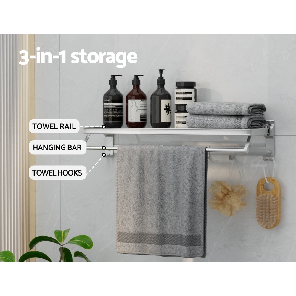 Towel Rail Rack Holder 4 Bars Wall Mounted Aluminium Foldable Hanging Hook - Image 6