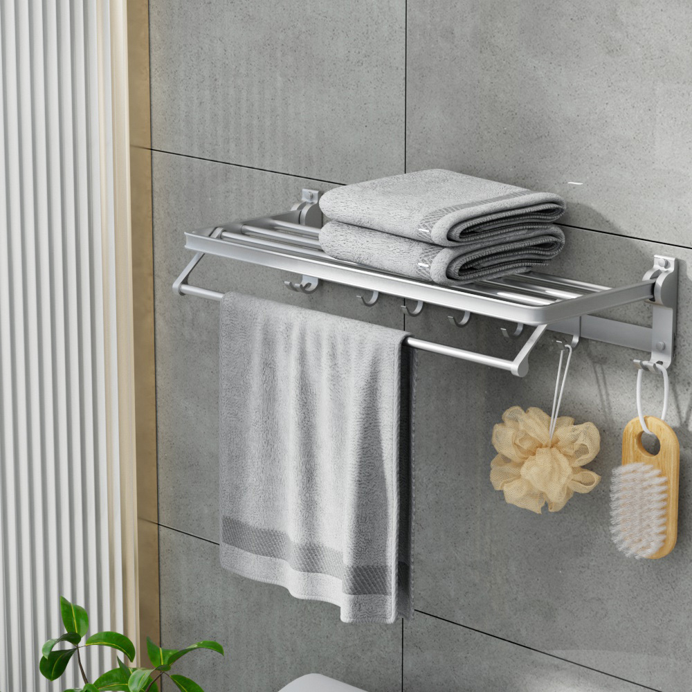 Towel Rail Rack Holder 4 Bars Wall Mounted Aluminium Foldable Hanging Hook - Image 7