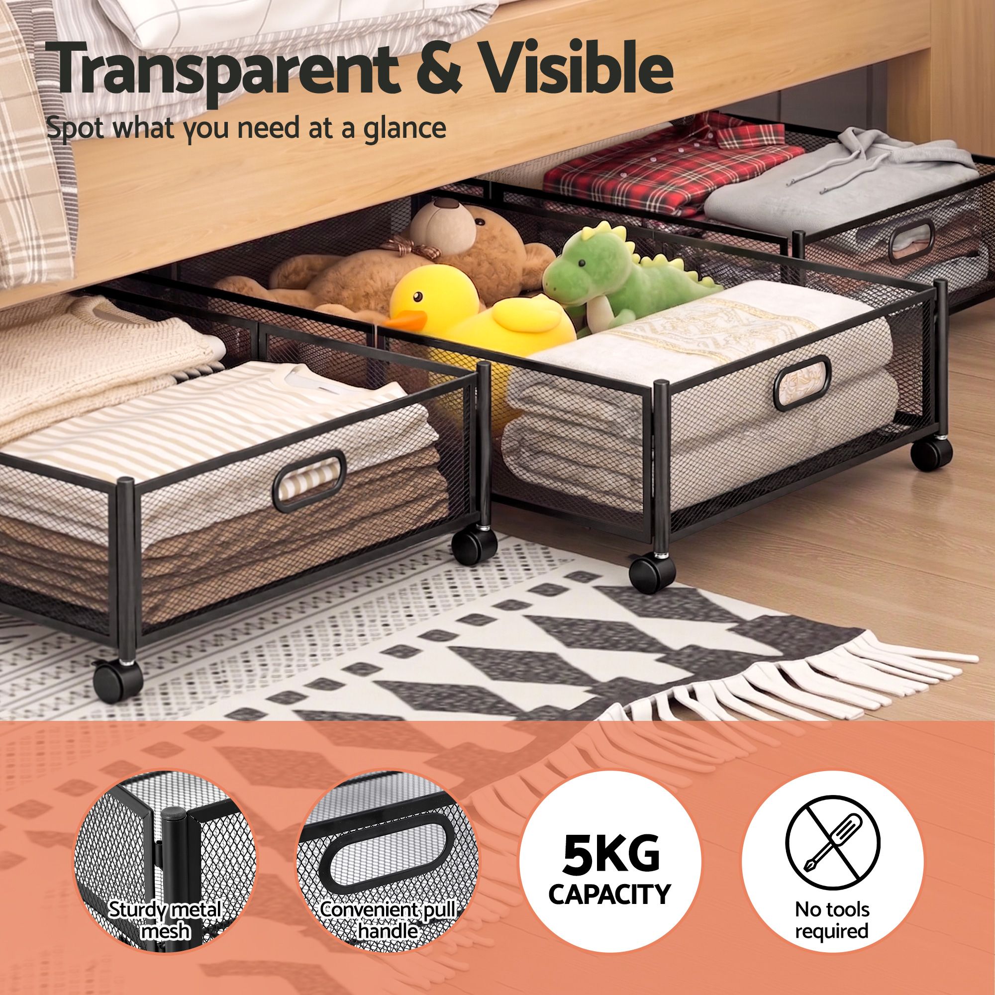 Artiss 4X Under Bed Storage Containers Metal Boxes Quilt Organiser with Wheels - Image 4