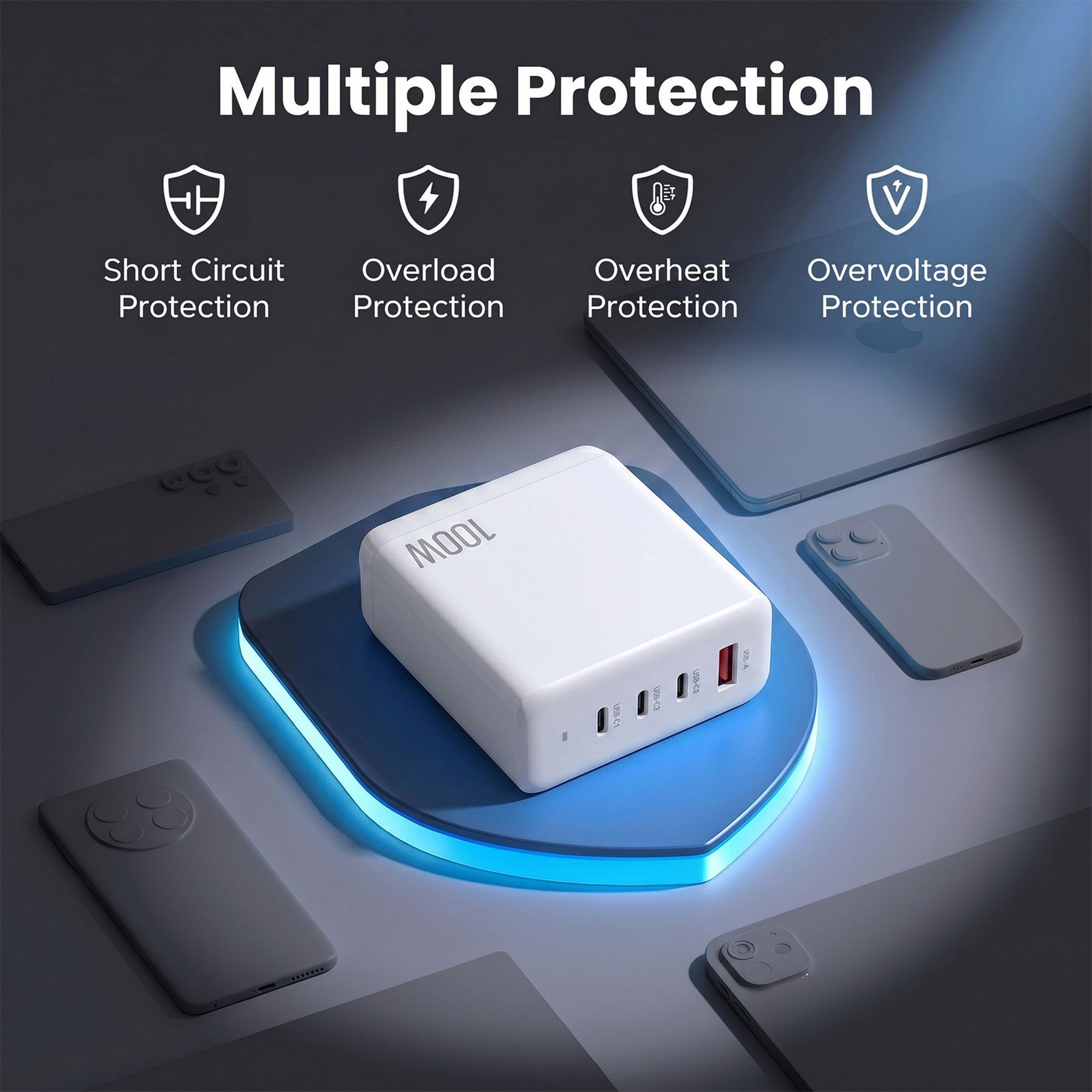 Devanti USB C Charger 100W Fast Charger 4 Port GaN Desktop Station White - Image 7