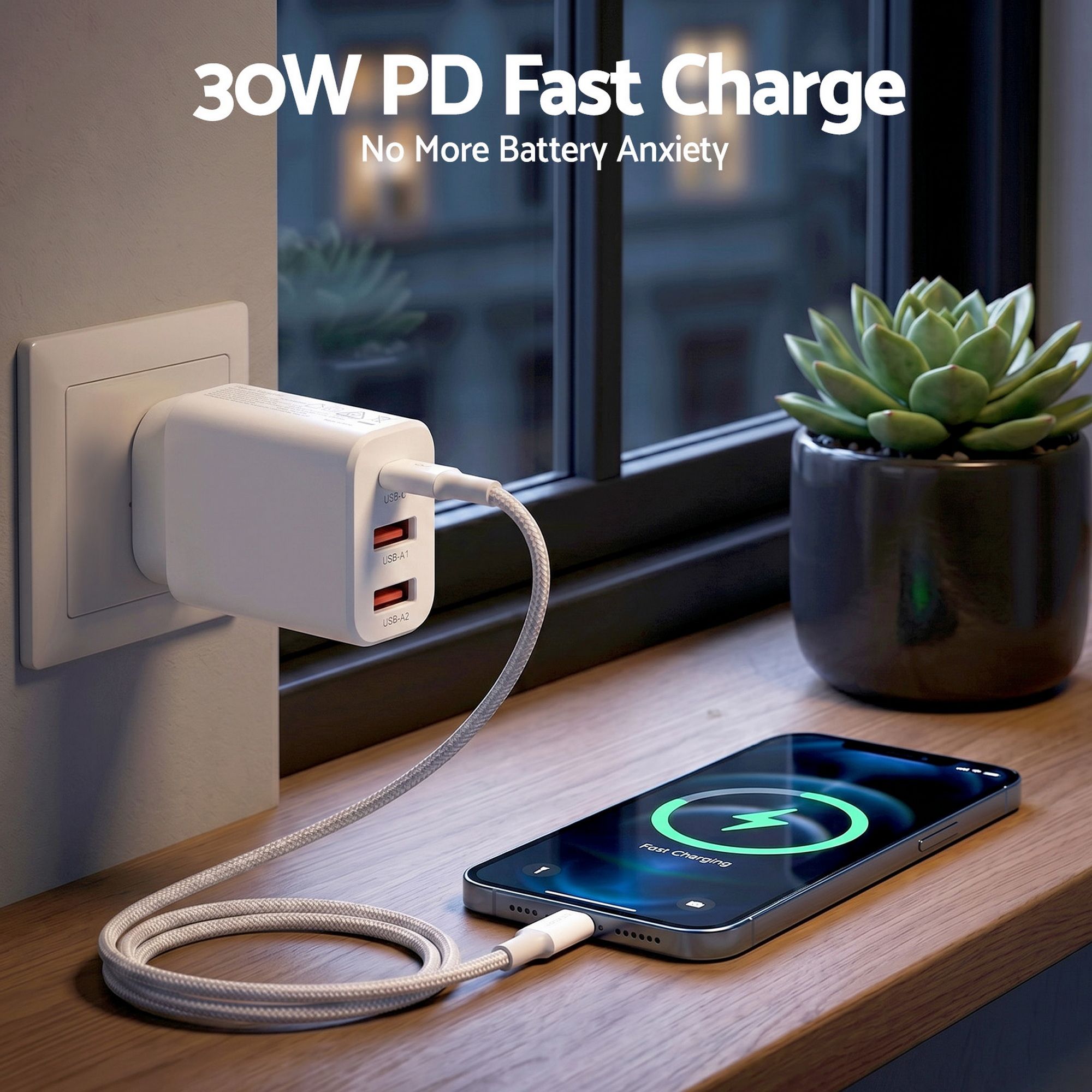 Devanti USB C Charger 30W Fast Charger 3 Port PD Charging Block White - Image 4