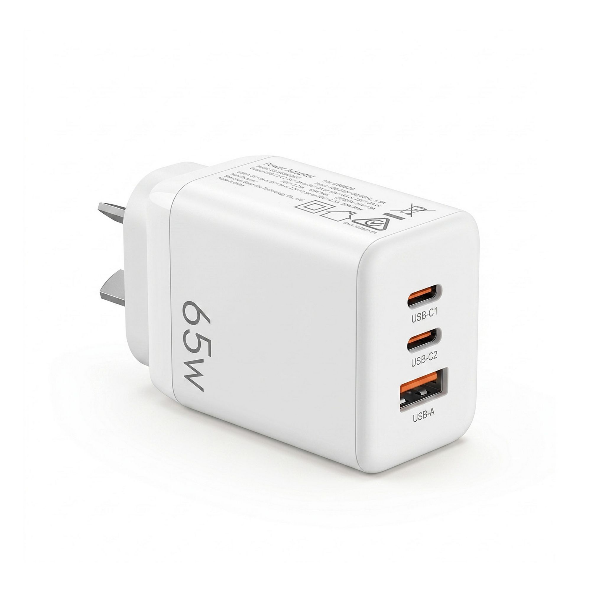 Devanti USB C Charger 65W Fast Charger 3 Port PD Wall Adapter White - Image 1